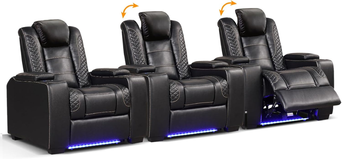 Power Home Theater Seating Set of 3, Brown Faux Leather Electric Recliner Chair with Powered Headrest, Dual Motors Movie Reclining Chairs with LED Lights,USB Port,Cup Holders, Hidden Arm Storage