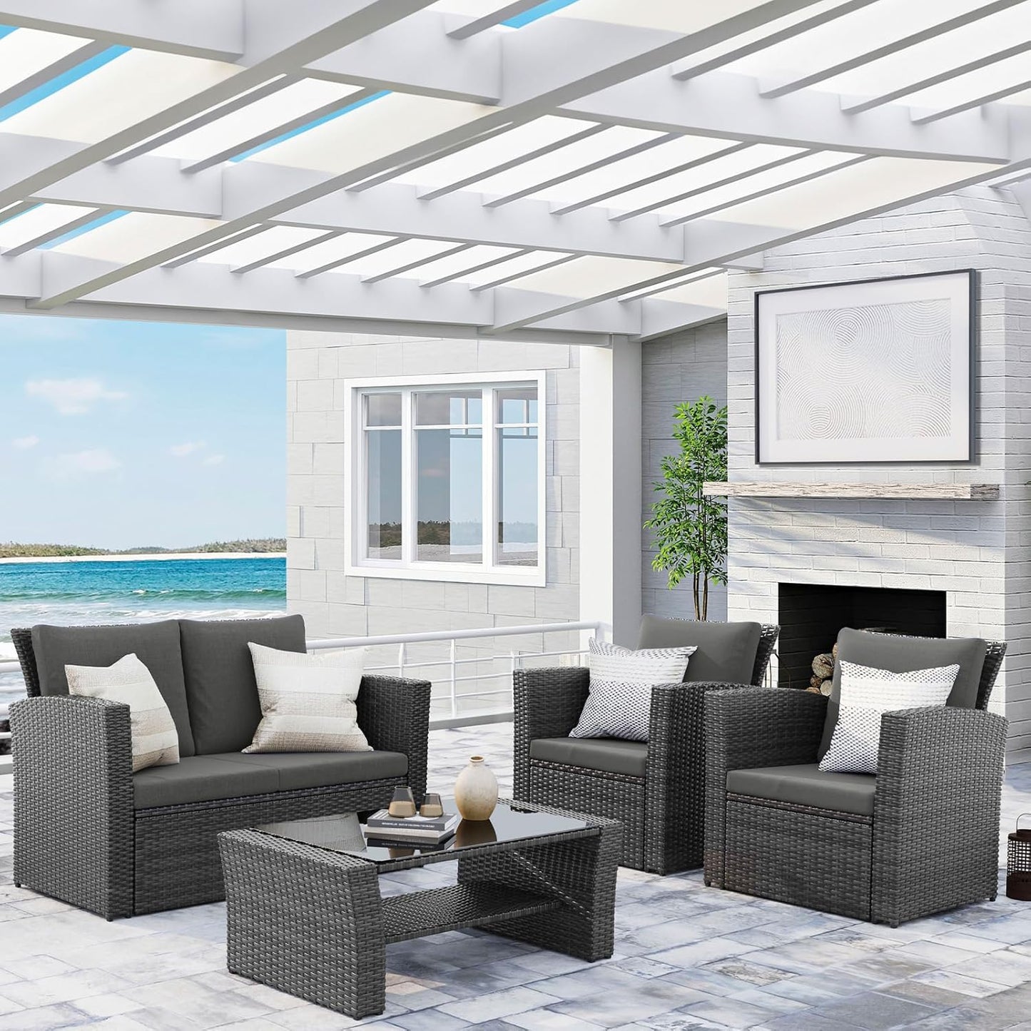 Wisteria Lane 4 Piece Outdoor Patio Furniture Sets, Wicker Conversation Set for Porch Deck, Grey Rattan Sofa Chair with Cushion (Blue