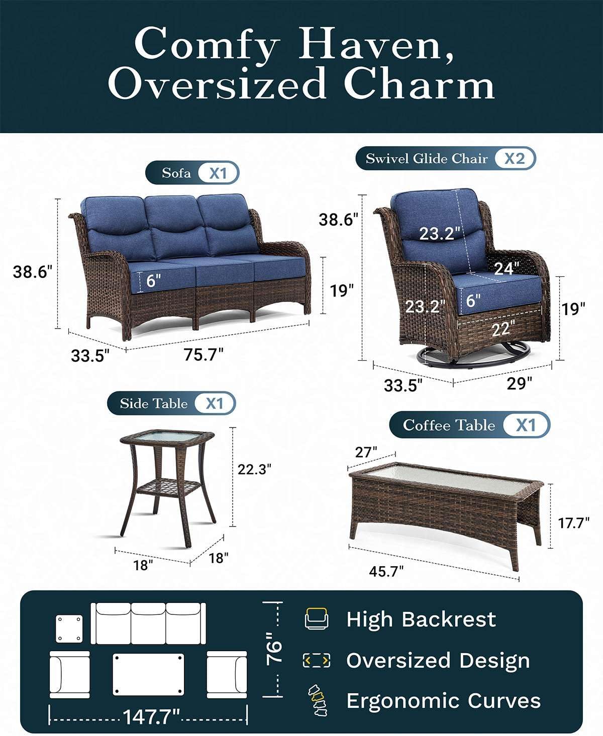 Outdoor Swivel Rocker Patio Chairs with 6-Inch Thick Cushions and Side Table, 3PCS High Back Wicker Patio Furniture Set for Porch, Balcony, Deck and Yard in Blue