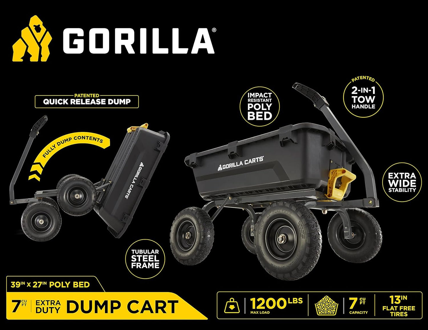 7GCG-NF Heavy-Duty Poly Dump Garden Cart with No-Flat Tires, 7 Cubic Feet, 1200-Pound Capacity, Black, Amazon Exclusive