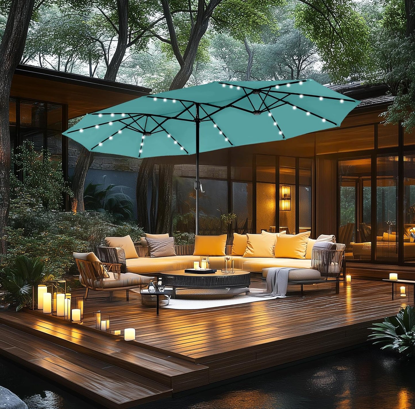 15ft Double Sided Patio Umbrella with Solar Lights, Outdoor Large Umbrellas with Crank Handle and 36 LED Lights, Rectangular Market Umbrella with Base Included for Deck Pool Shade