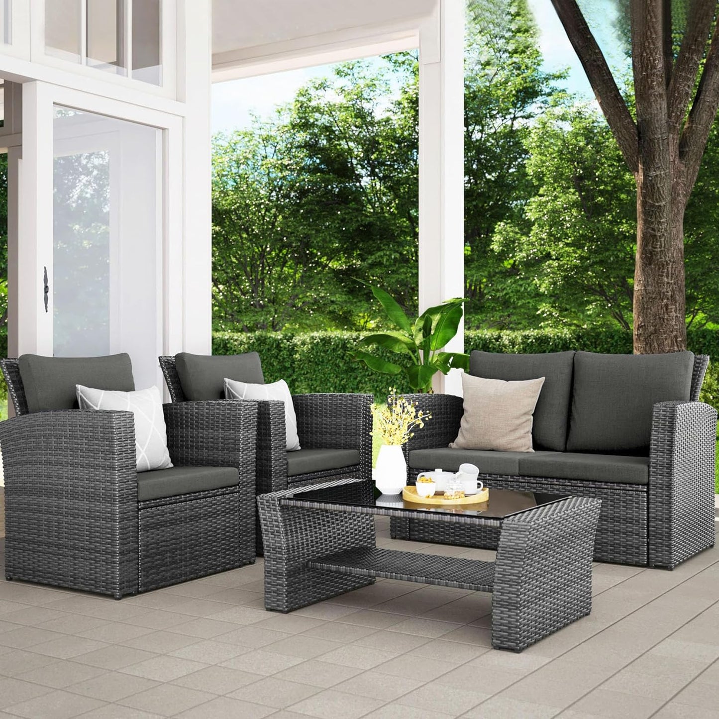 Wisteria Lane 4 Piece Outdoor Patio Furniture Sets, Wicker Conversation Set for Porch Deck, Grey Rattan Sofa Chair with Cushion (Blue