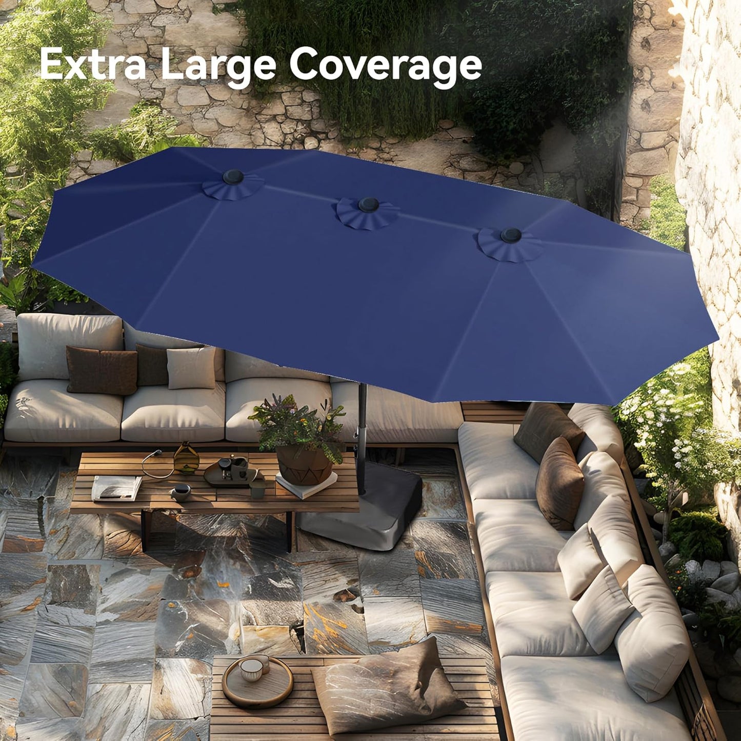 15ft Patio Umbrella Double-Sided Outdoor Market Extra Large Umbrella with Crank, Umbrella Base Included (Dark Red)