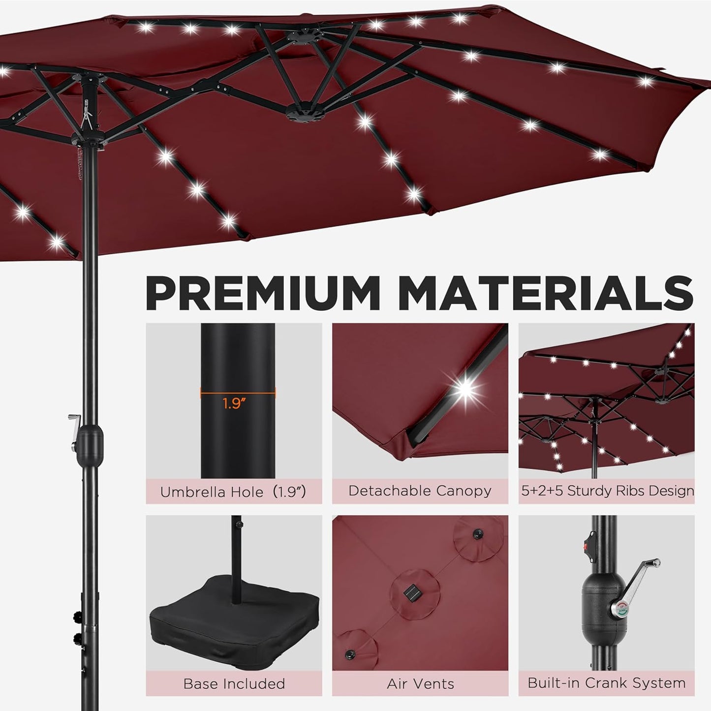 15 ft Large Patio Umbrella with Solar Lights Double-Sided Outdoor Rectangle Market Umbrellas with 36 LED Lights/Base Included/Easy Crank for Patio Garden Yard Pool Lawn, Brown
