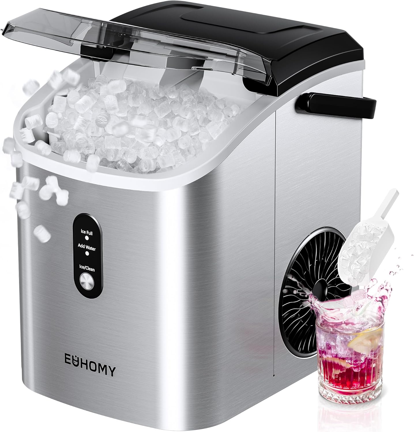 Nugget Ice Maker Countertop with Handle, Ready in 6 Mins, 34lbs Per Day, Removable Top Cover, Auto-Cleaning, Portable Sonic Ice Maker with Basket and Scoop, for Home/Party/RV/Camping (Black)