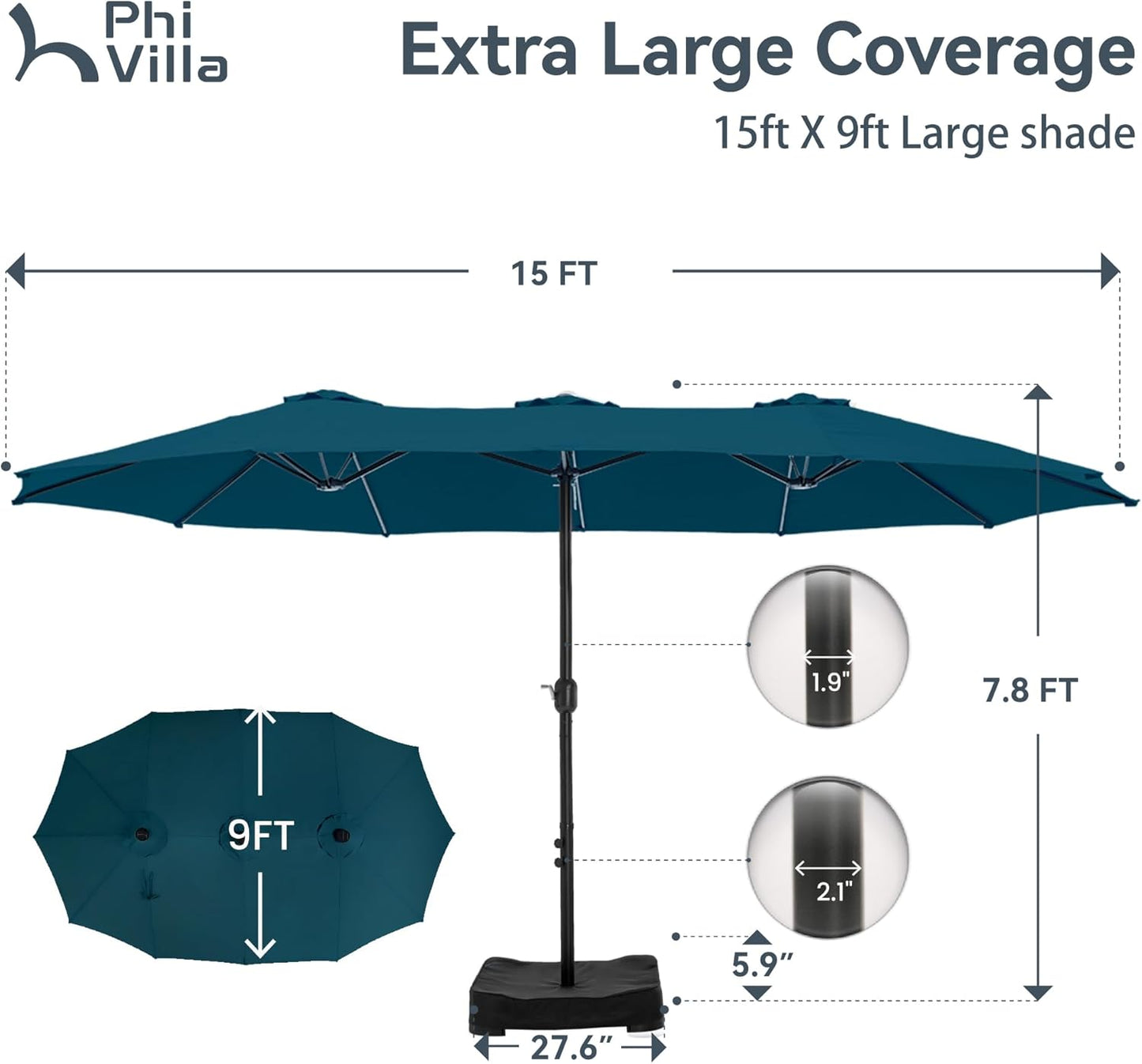 15ft Patio Umbrella Double-Sided Outdoor Market Extra Large Umbrella with Crank, Umbrella Base Included (Dark Red)