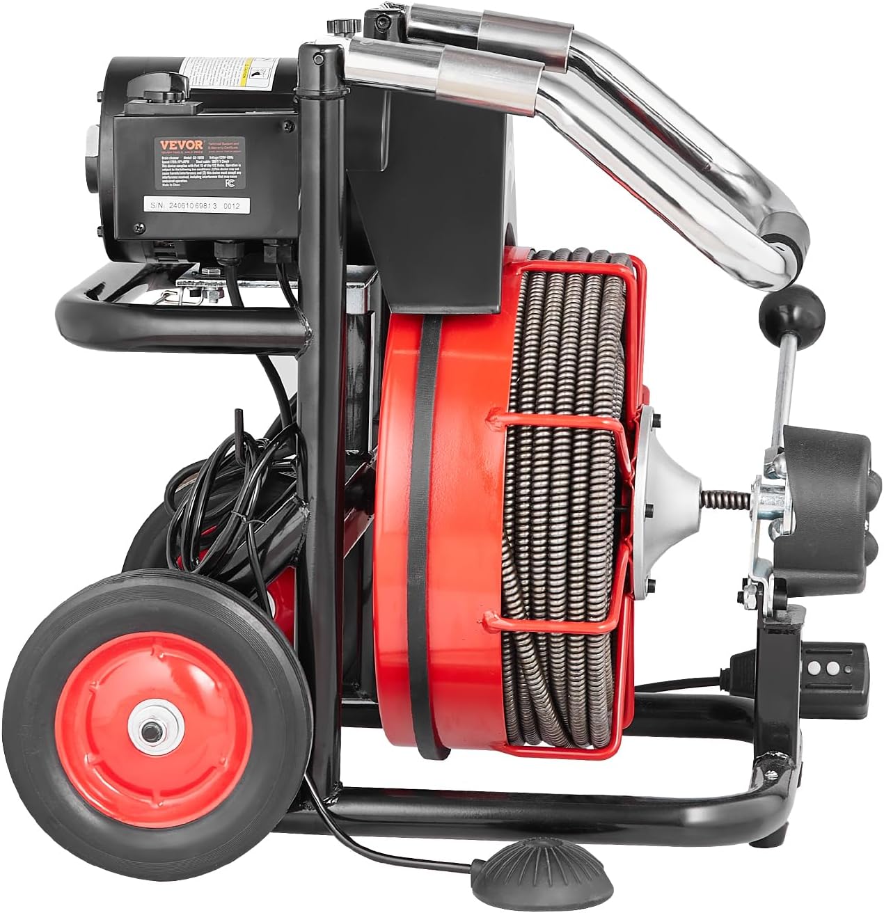 VEVOR Drain Cleaner Machine 100FT x 1/2 Inch, Auto Feed Sewer Snake Auger on Wheels, 550W Portable Drain Cleaning Machine with 8 Cutters & Air-activated Foot Switch for 2" to 4" Pipes