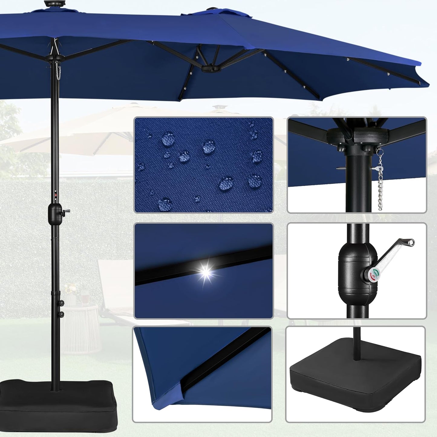 15 ft Large Patio Umbrella with Solar Lights Double-Sided Outdoor Rectangle Market Umbrellas with 36 LED Lights/Base Included/Easy Crank for Patio Garden Yard Pool Lawn, Brown
