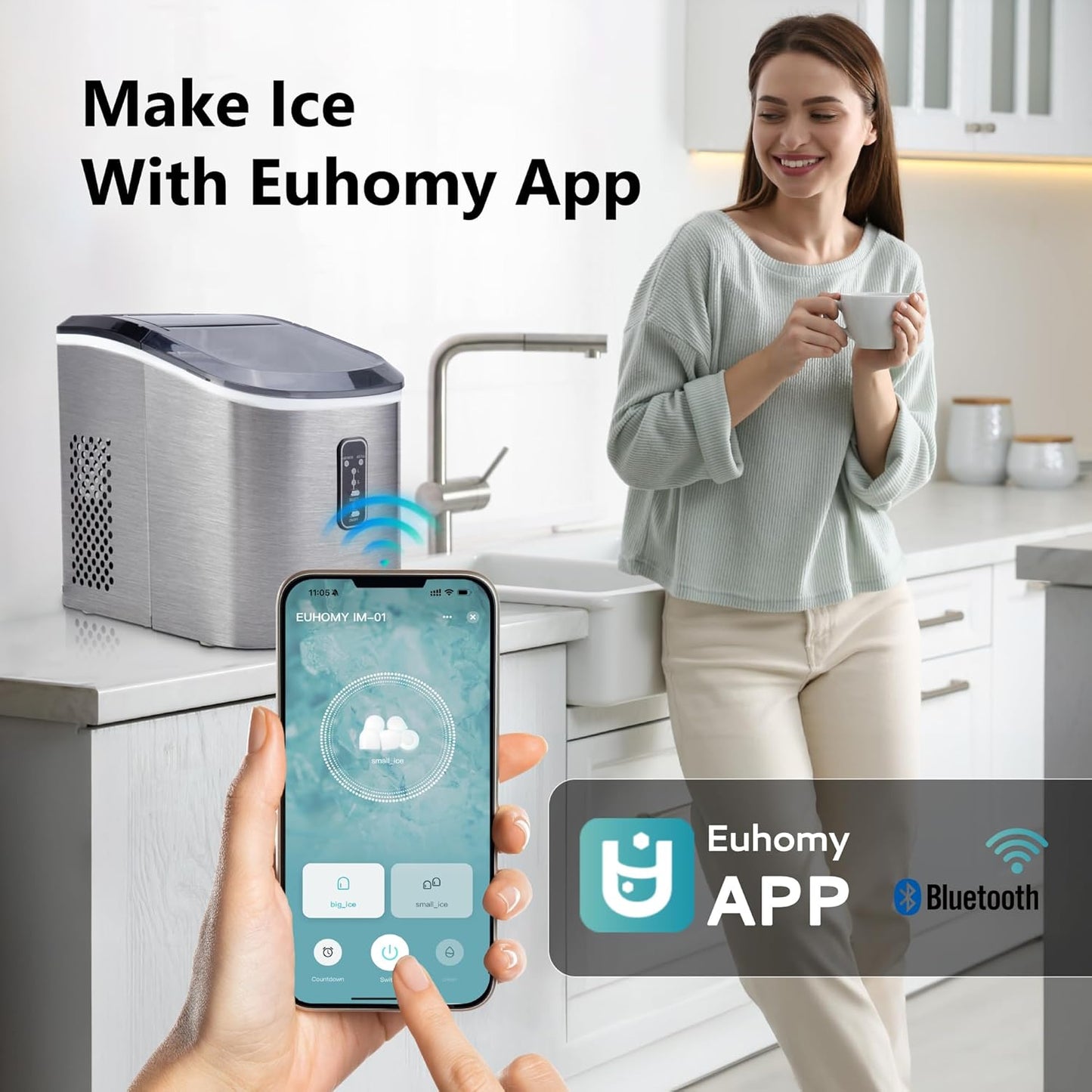 Nugget Ice Maker Countertop with Handle, Ready in 6 Mins, 34lbs Per Day, Removable Top Cover, Auto-Cleaning, Portable Sonic Ice Maker with Basket and Scoop, for Home/Party/RV/Camping (Black)
