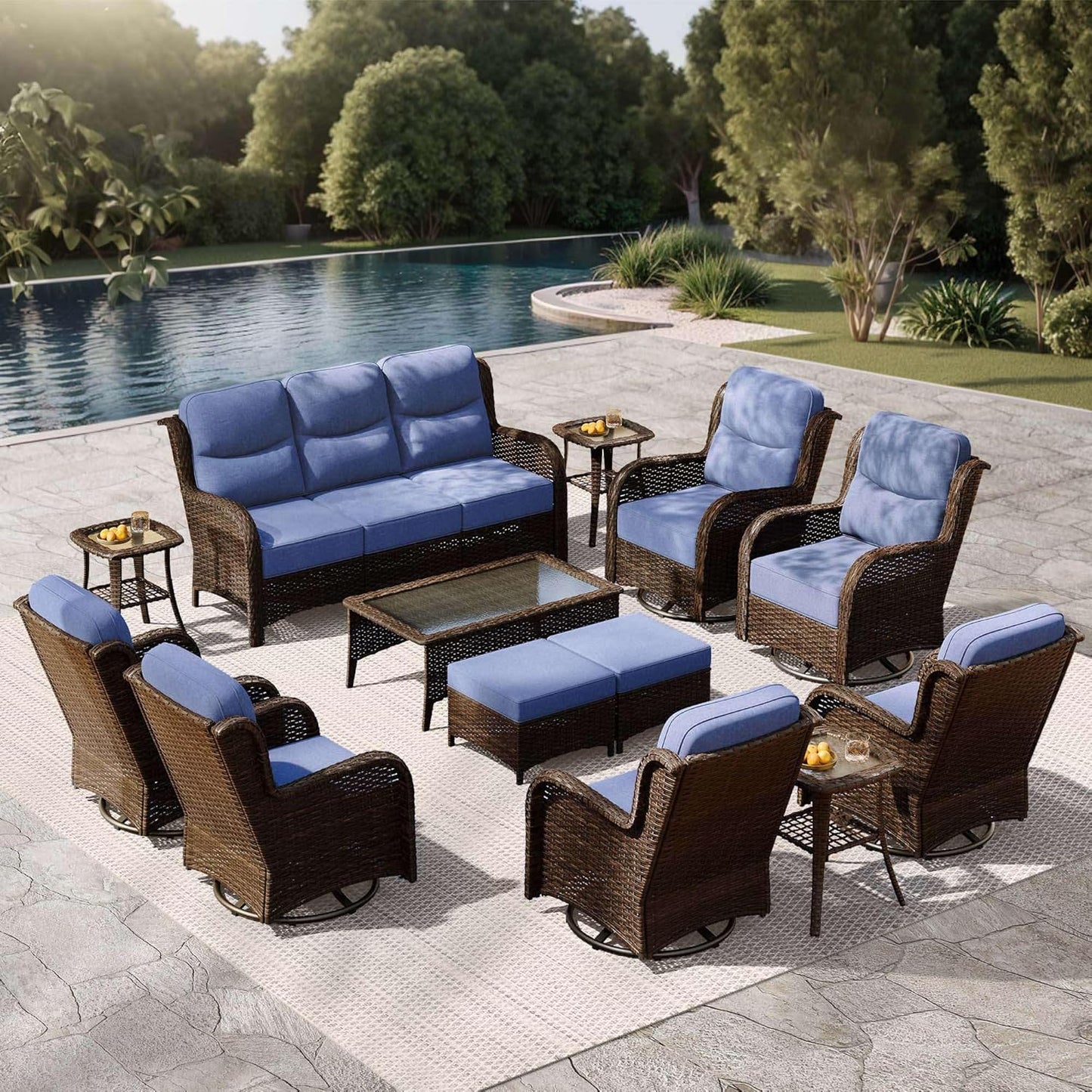 Outdoor Swivel Rocker Patio Chairs with 6-Inch Thick Cushions and Side Table, 3PCS High Back Wicker Patio Furniture Set for Porch, Balcony, Deck and Yard in Blue