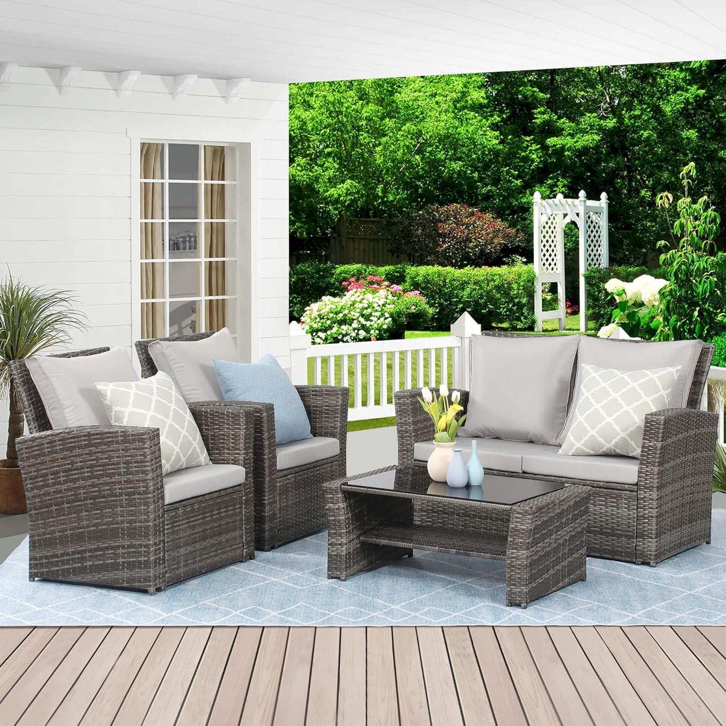 Wisteria Lane 4 Piece Outdoor Patio Furniture Sets, Wicker Conversation Set for Porch Deck, Grey Rattan Sofa Chair with Cushion (Blue
