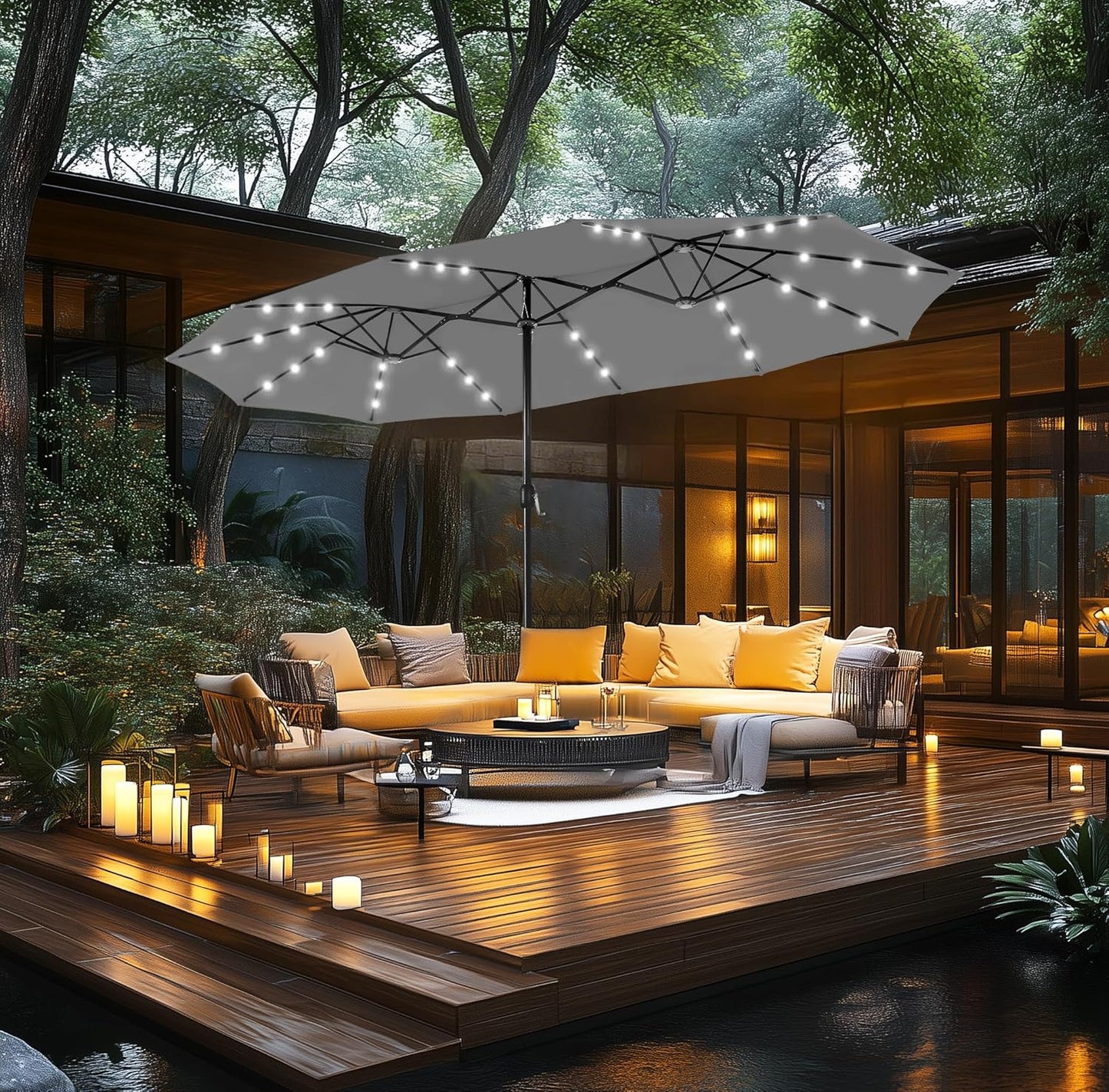 15ft Double Sided Patio Umbrella with Solar Lights, Outdoor Large Umbrellas with Crank Handle and 36 LED Lights, Rectangular Market Umbrella with Base Included for Deck Pool Shade