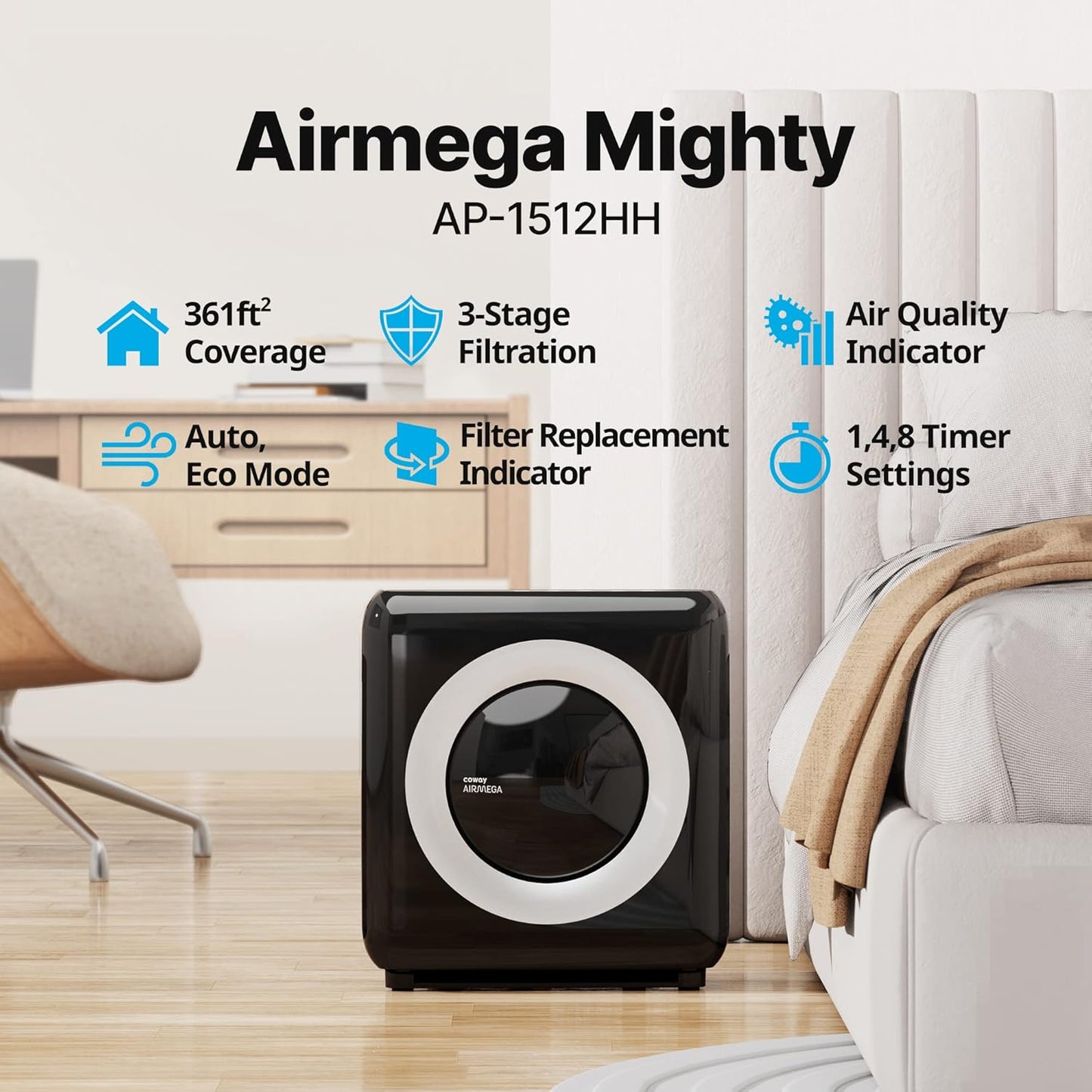 Airmega AP-1512HH(W) True HEPA Purifier with Air Quality Monitoring, Auto, Timer, Filter Indicator, and Eco Mode, 16.8 x 18.3 x 9.7, White