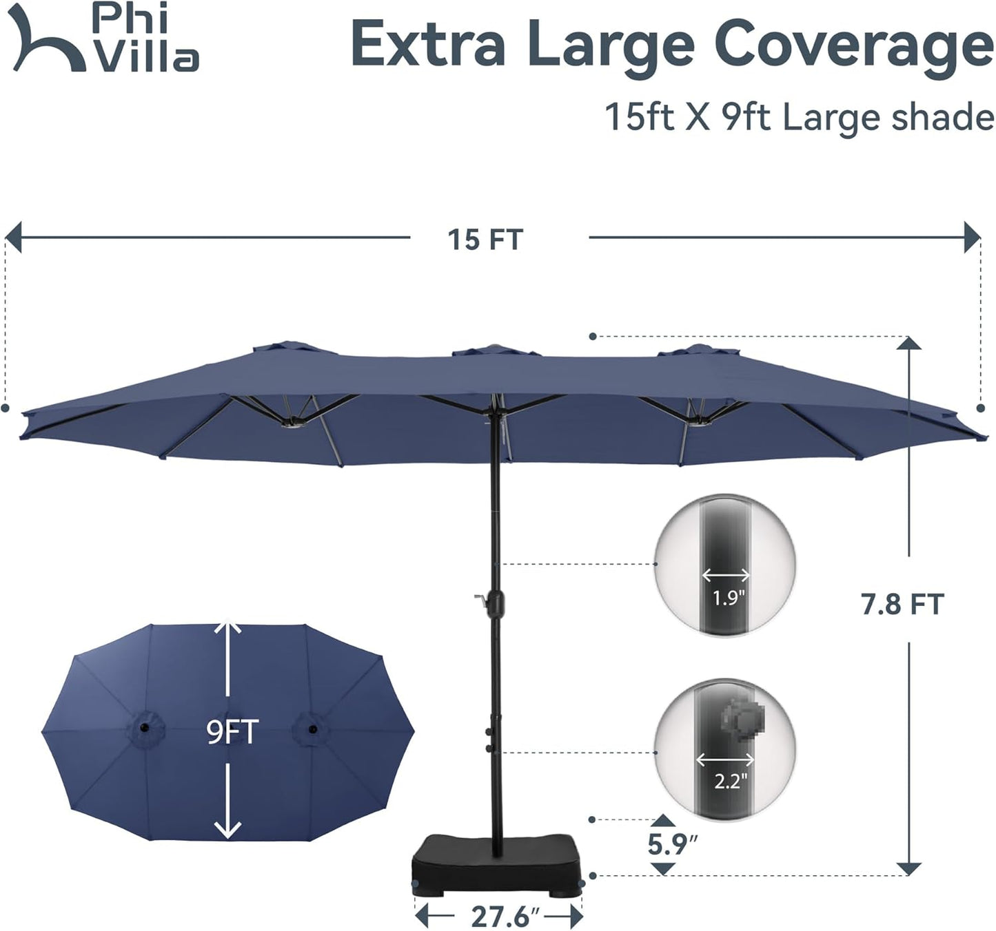 15ft Patio Umbrella Double-Sided Outdoor Market Extra Large Umbrella with Crank, Umbrella Base Included (Dark Red)