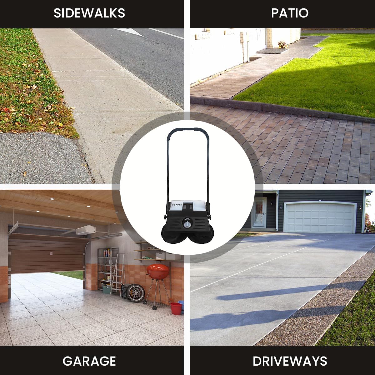 Walk-Behind Outdoor Hand Push Floor Sweeper - 5.25 Gallon Capacity - 25.5" Sweeping Width - Sweeps up to 27,900 ft² / Hour, Grey
