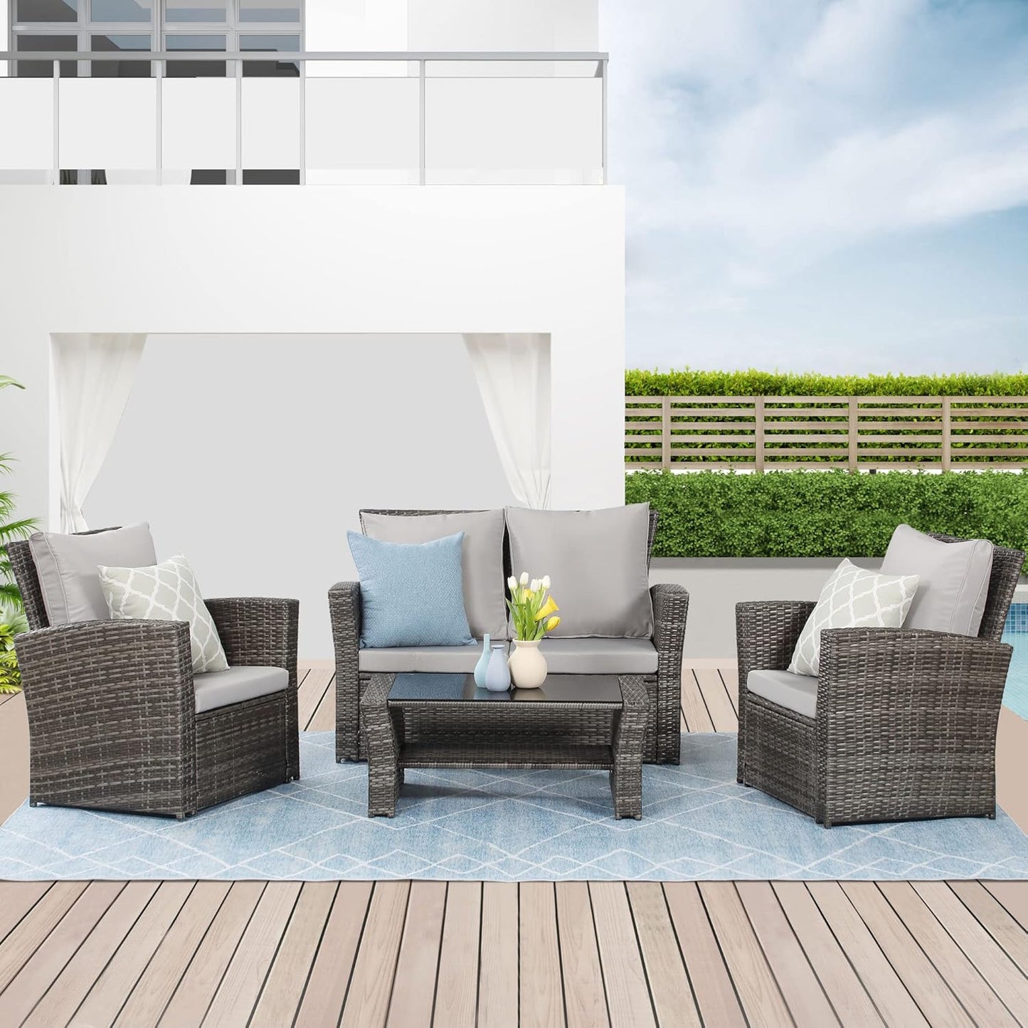Wisteria Lane 4 Piece Outdoor Patio Furniture Sets, Wicker Conversation Set for Porch Deck, Grey Rattan Sofa Chair with Cushion (Blue