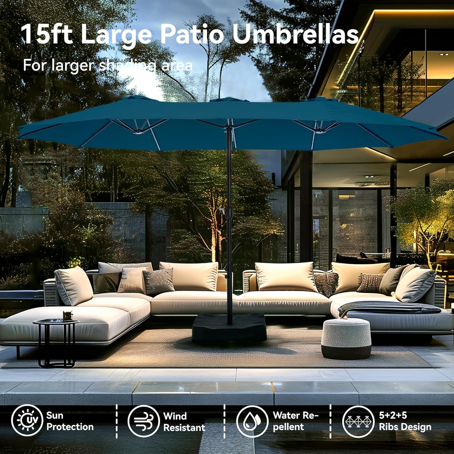15ft Patio Umbrella Double-Sided Outdoor Market Extra Large Umbrella with Crank, Umbrella Base Included (Dark Red)