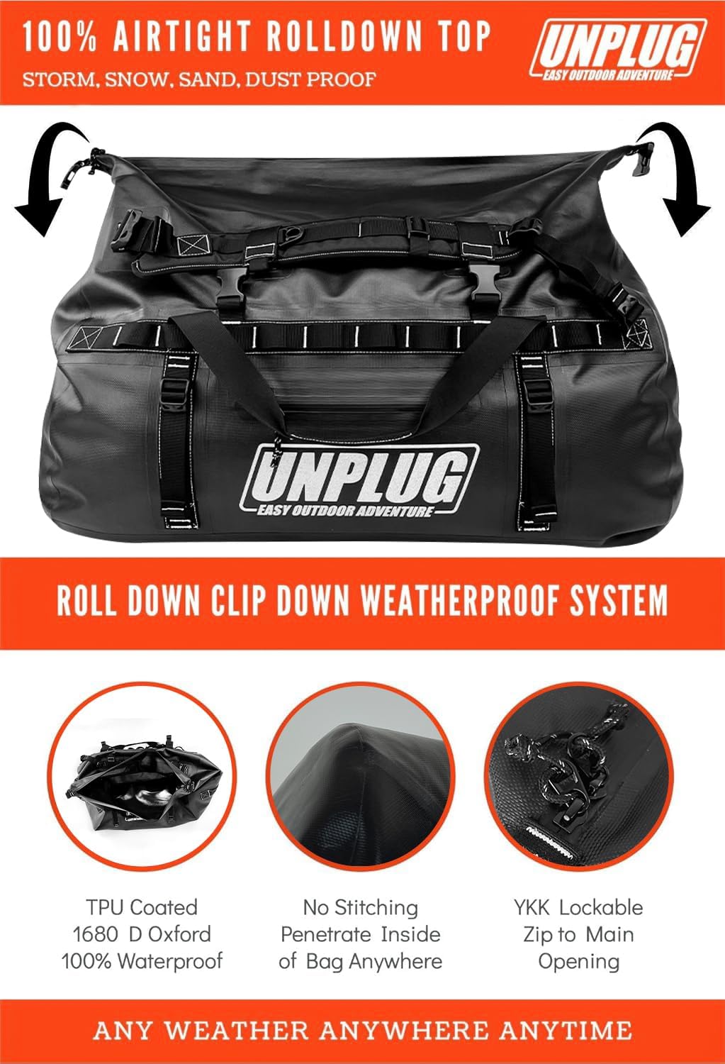 UNPLUG Ultimate Adventure Bag -1680D Heavy Duty Waterproof Travel Duffel Bags for Camping, Motorcycle Dry Bag, Waterproof Bags for Boating, Waterproof Duffle Backpack,Tactical Duffle Bag