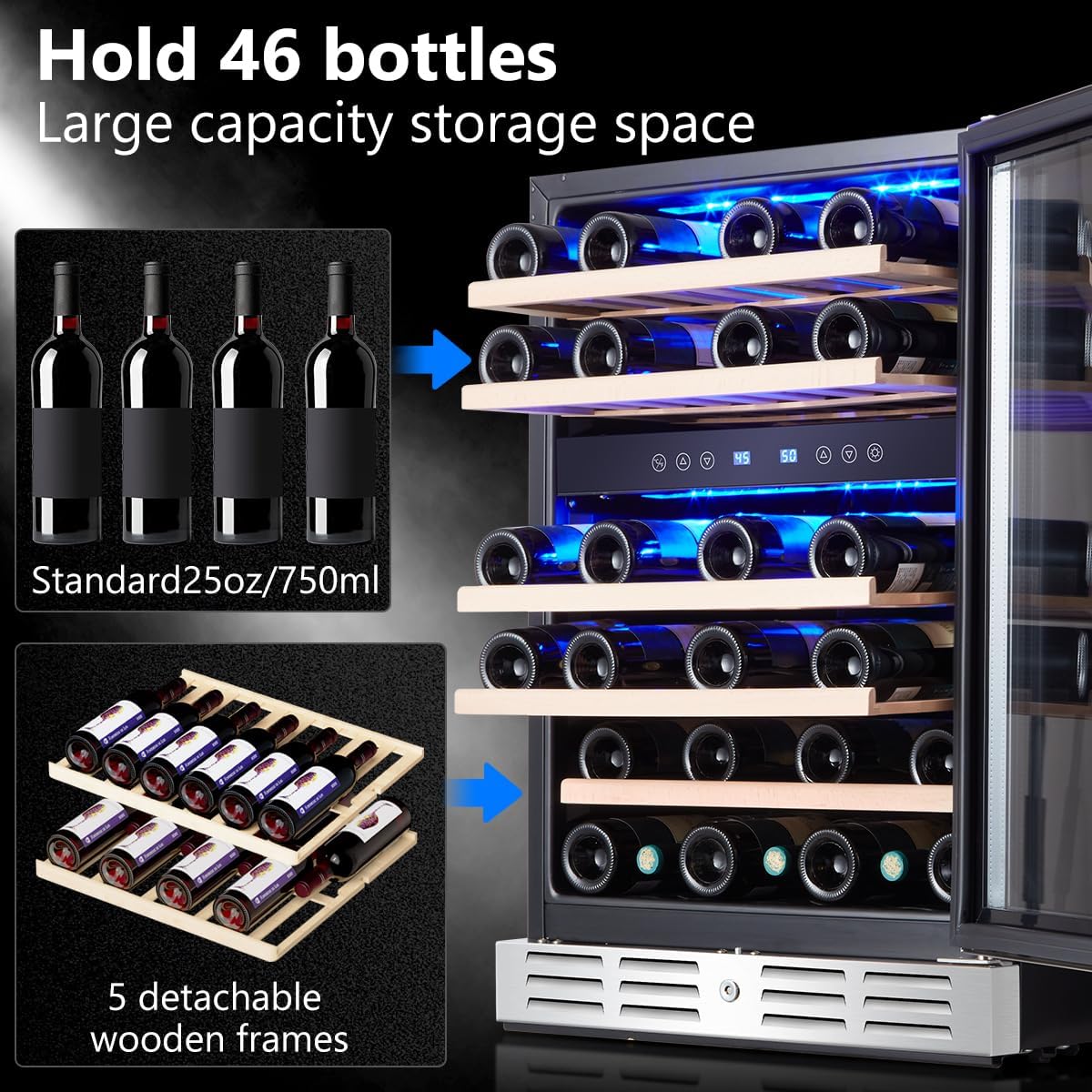24 inch Wine Cooler, 46 Bottle - Dual Zone Built-in or Freestanding Fridge with Stainless Steel Reversible Glass Door, for Home, Kitchen, or Office.
