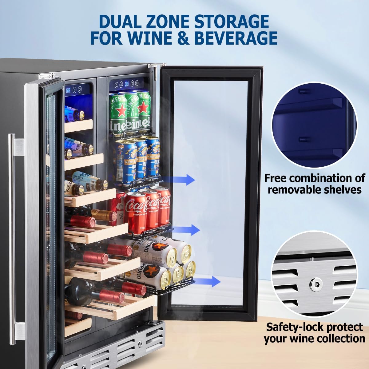 24 inch Wine Cooler, 46 Bottle - Dual Zone Built-in or Freestanding Fridge with Stainless Steel Reversible Glass Door, for Home, Kitchen, or Office.