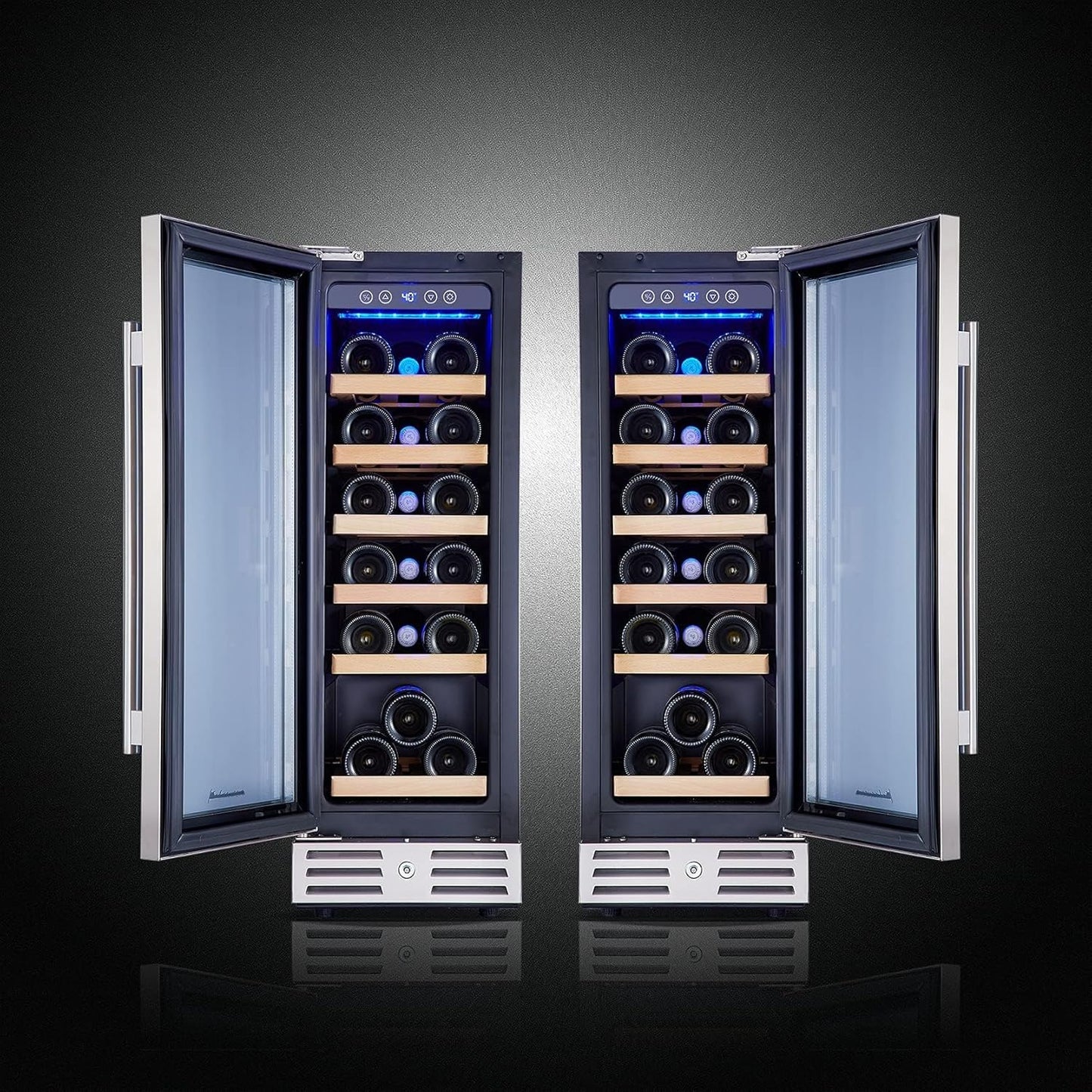 24 inch Wine Cooler, 46 Bottle - Dual Zone Built-in or Freestanding Fridge with Stainless Steel Reversible Glass Door, for Home, Kitchen, or Office.