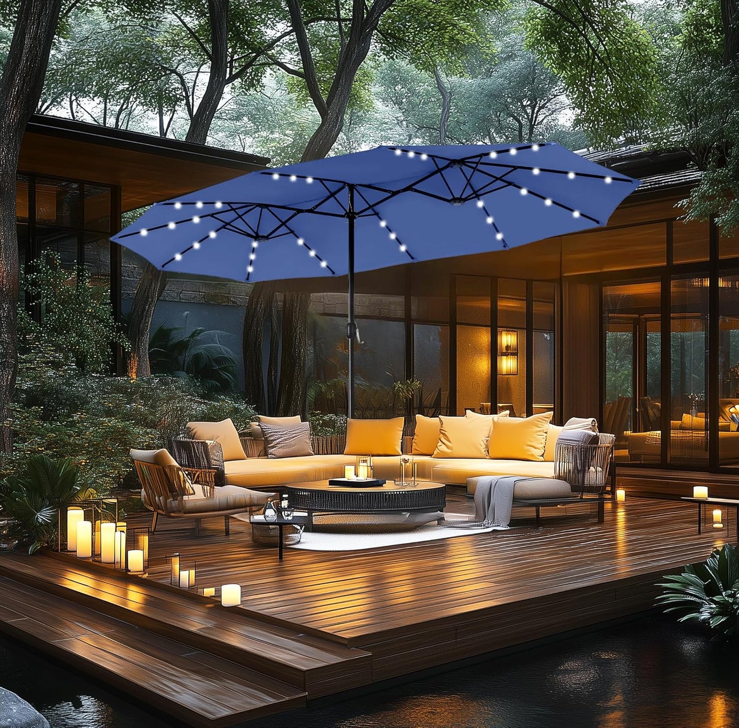 15ft Double Sided Patio Umbrella with Solar Lights, Outdoor Large Umbrellas with Crank Handle and 36 LED Lights, Rectangular Market Umbrella with Base Included for Deck Pool Shade