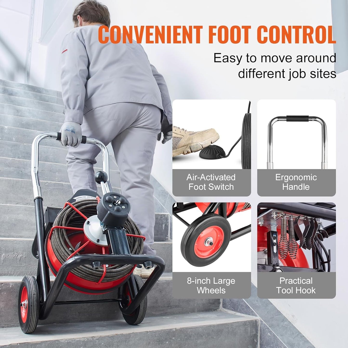 VEVOR Drain Cleaner Machine 100FT x 1/2 Inch, Auto Feed Sewer Snake Auger on Wheels, 550W Portable Drain Cleaning Machine with 8 Cutters & Air-activated Foot Switch for 2" to 4" Pipes