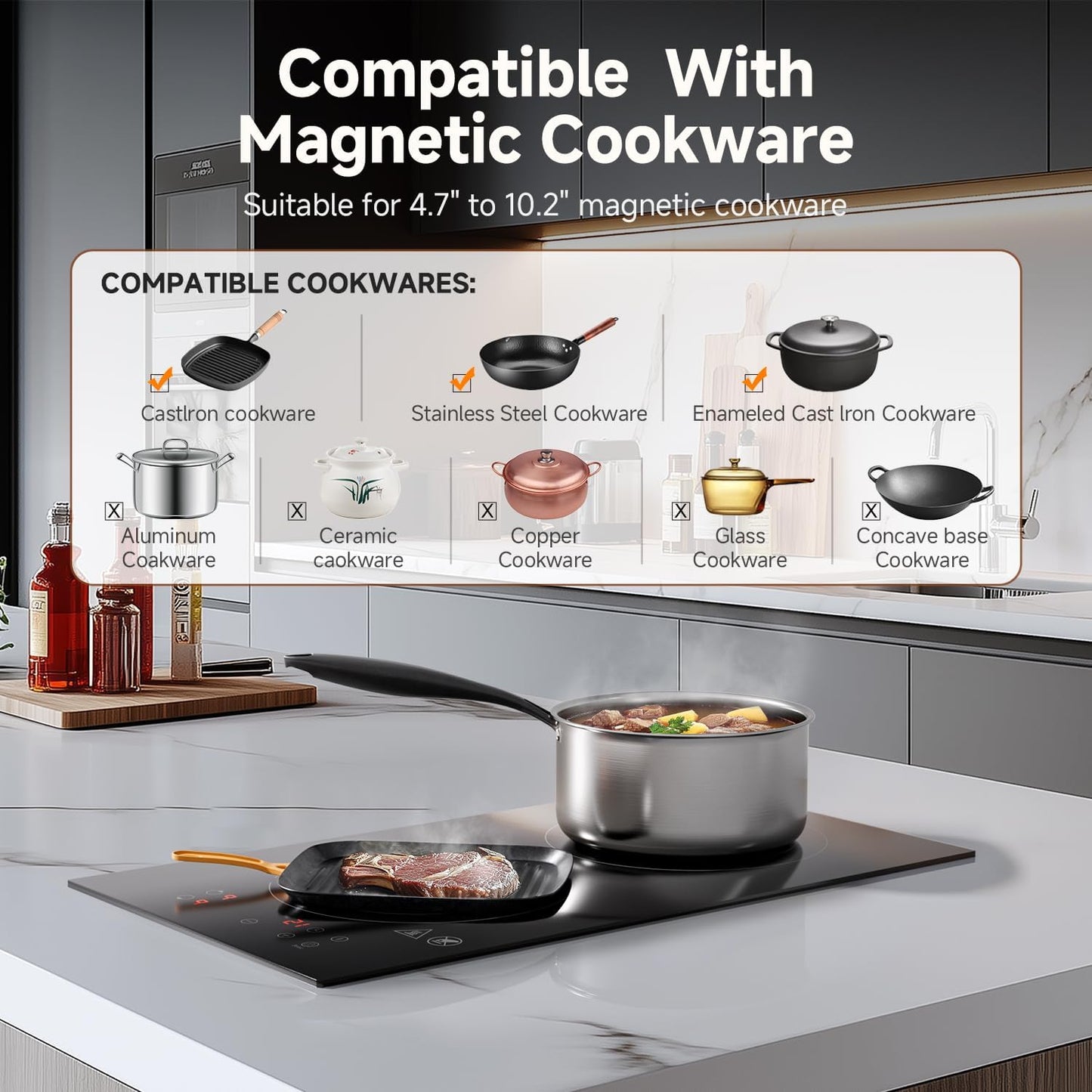 Induction Cooktop 2 Burners, 12 Inch Bulit-in & Countertop Induction Stove with Plug 110V-120V, 9 Power Levels Electric Stove 1800W, Child Lock, Timer, Touch Control for Fast Cooking