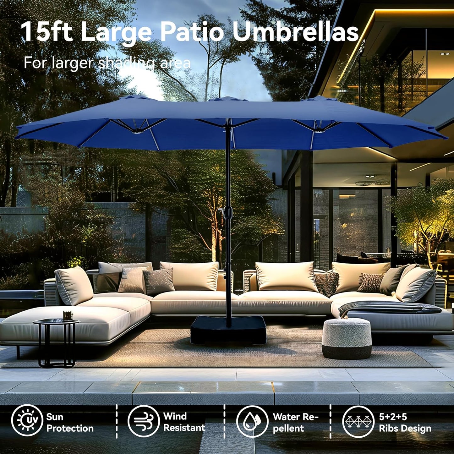 15ft Patio Umbrella Double-Sided Outdoor Market Extra Large Umbrella with Crank, Umbrella Base Included (Dark Red)