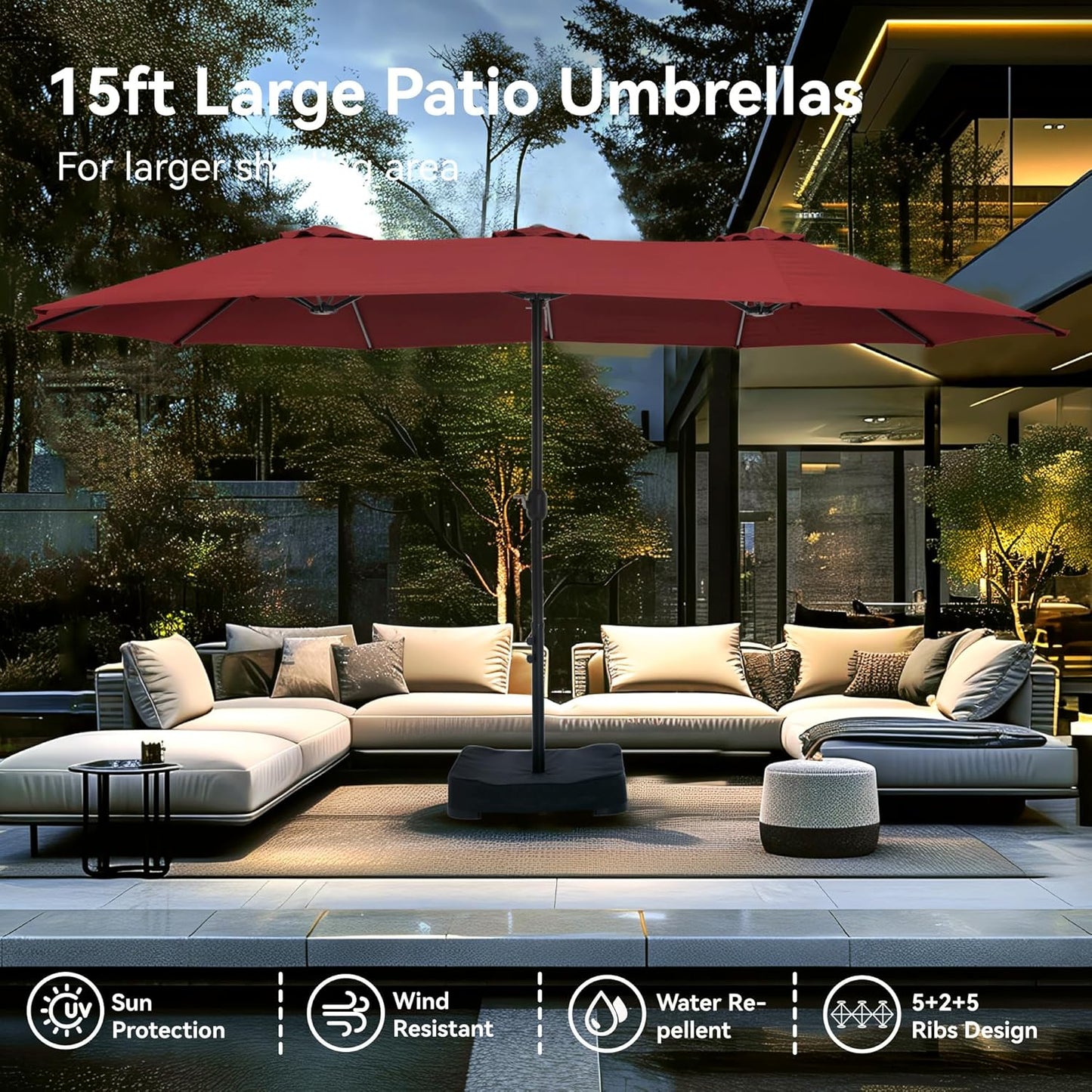 15ft Patio Umbrella Double-Sided Outdoor Market Extra Large Umbrella with Crank, Umbrella Base Included (Dark Red)