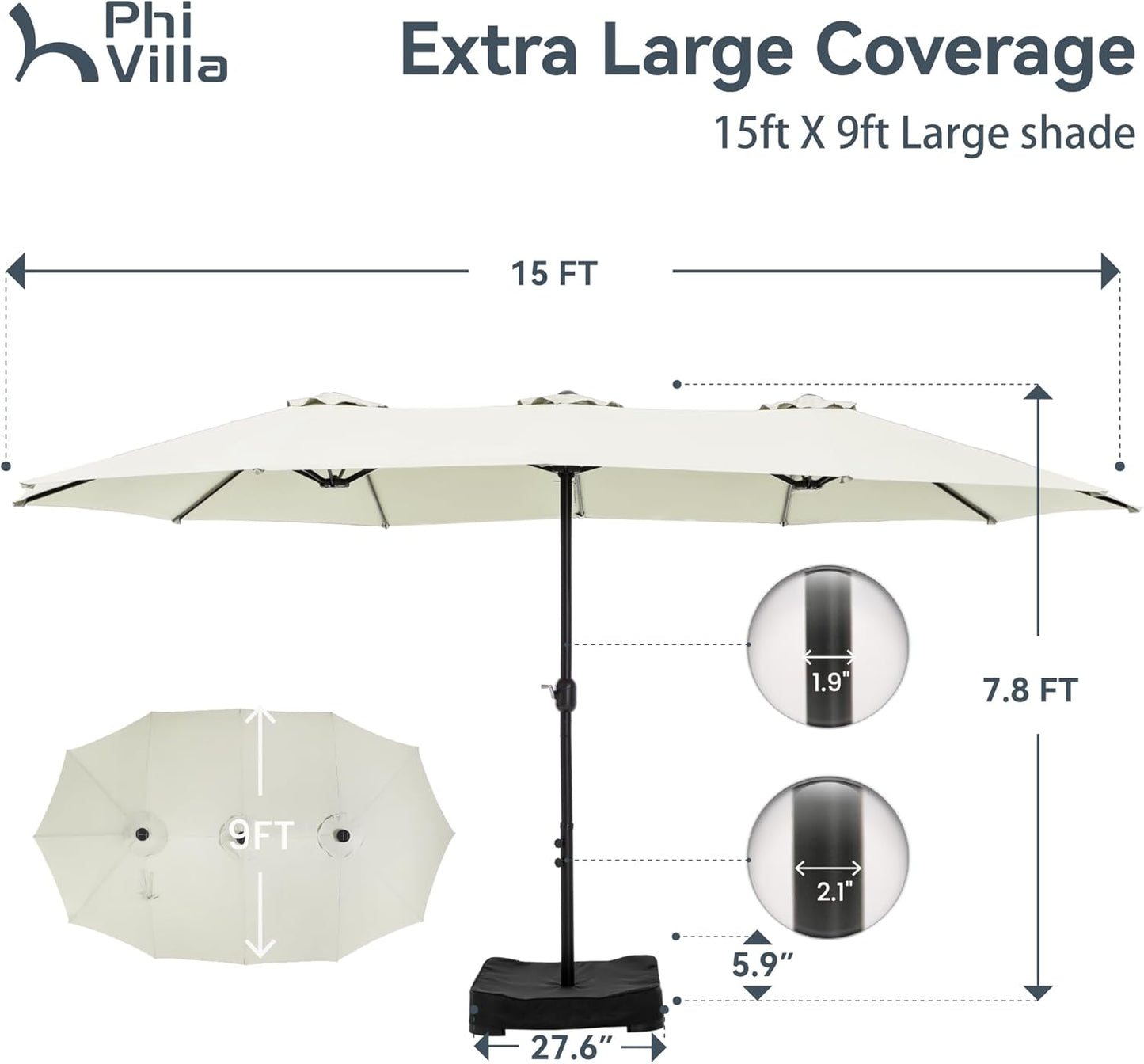 15ft Patio Umbrella Double-Sided Outdoor Market Extra Large Umbrella with Crank, Umbrella Base Included (Dark Red)