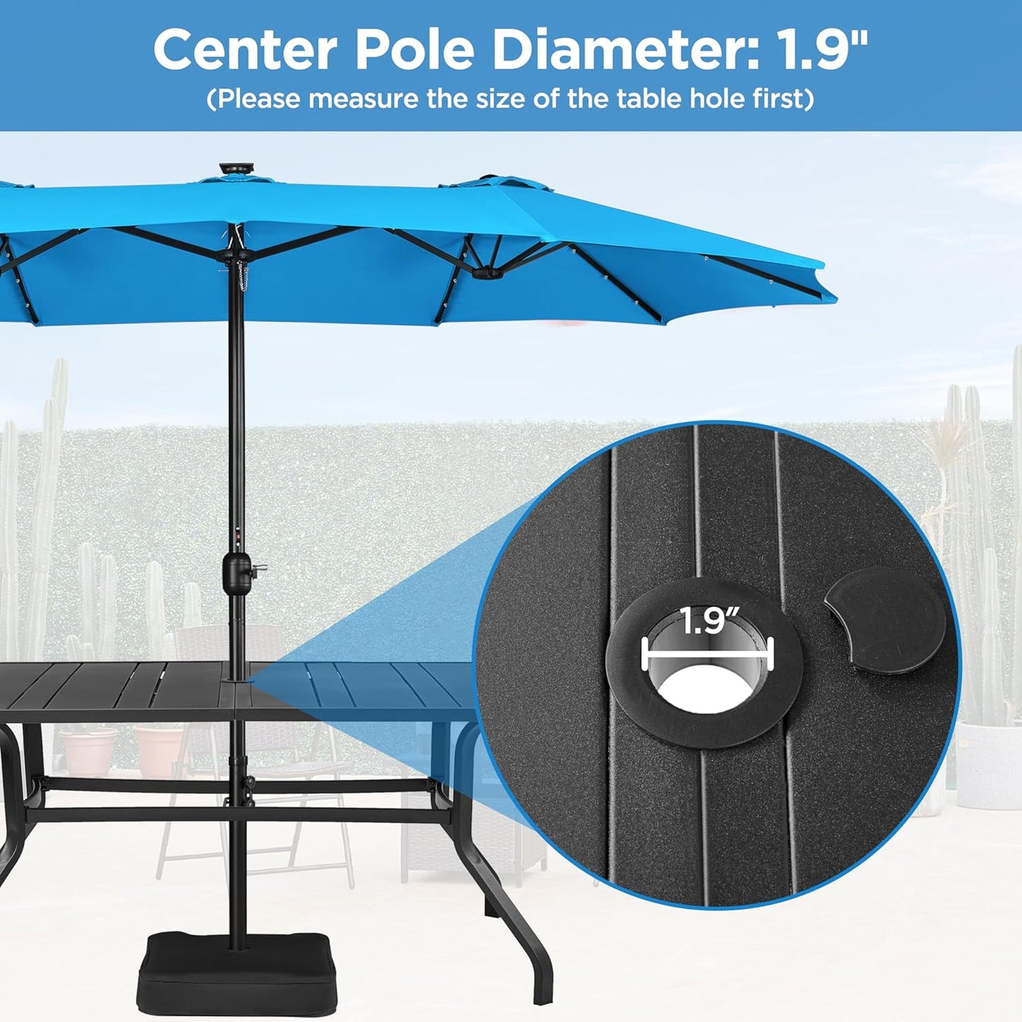 15 ft Large Patio Umbrella with Solar Lights Double-Sided Outdoor Rectangle Market Umbrellas with 36 LED Lights/Base Included/Easy Crank for Patio Garden Yard Pool Lawn, Brown