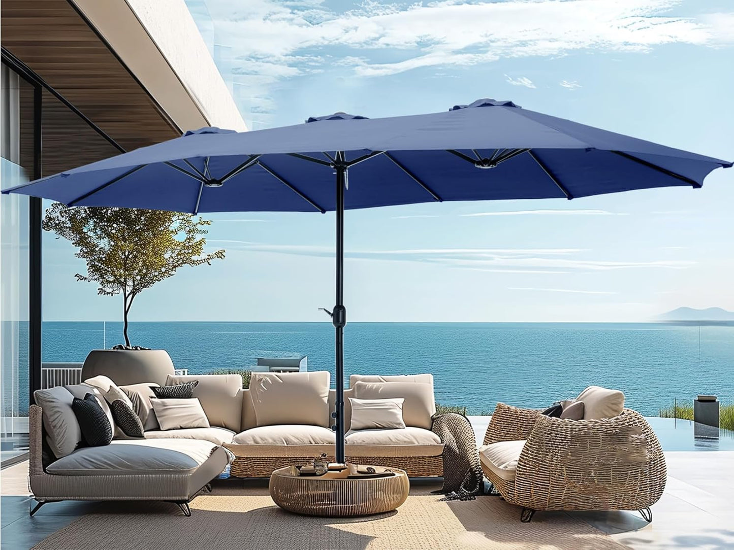 15ft Patio Umbrella Double-Sided Outdoor Market Extra Large Umbrella with Crank, Umbrella Base Included (Dark Red)