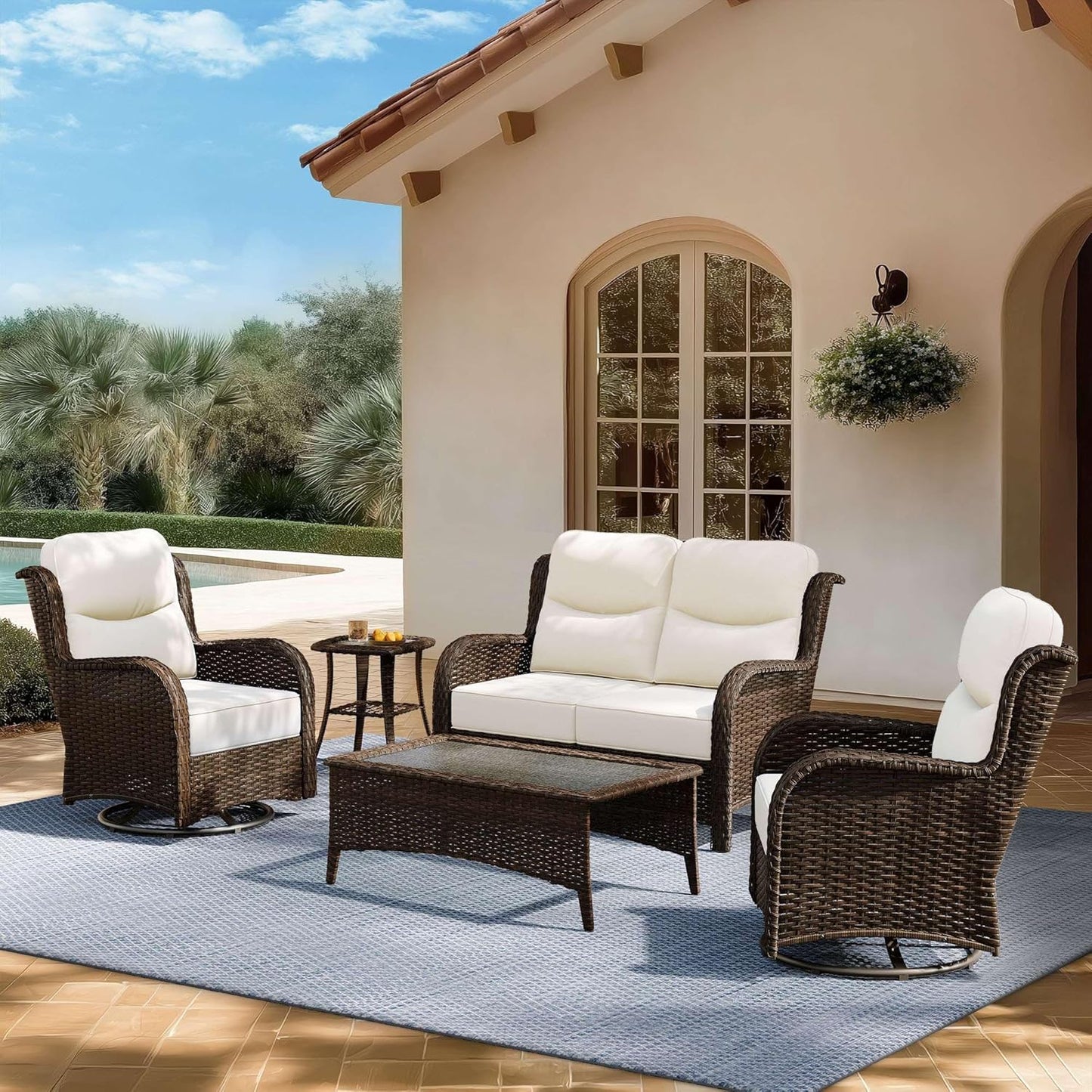 Outdoor Swivel Rocker Patio Chairs with 6-Inch Thick Cushions and Side Table, 3PCS High Back Wicker Patio Furniture Set for Porch, Balcony, Deck and Yard in Blue