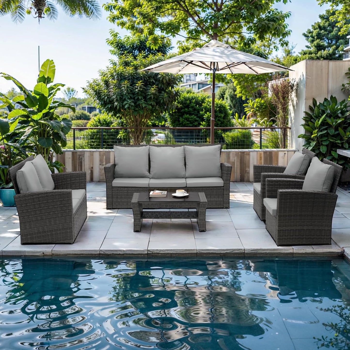 Wisteria Lane 4 Piece Outdoor Patio Furniture Sets, Wicker Conversation Set for Porch Deck, Grey Rattan Sofa Chair with Cushion (Blue
