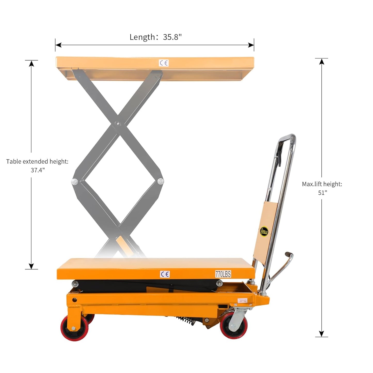 APOLLOLIFT Hydraulic Lift Table Cart – 770 lbs Capacity, 51" Max Height, Double Scissor Lift with Safety Guard & 4 Wheels