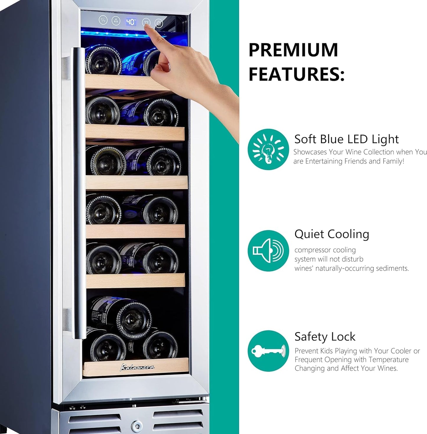24 inch Wine Cooler, 46 Bottle - Dual Zone Built-in or Freestanding Fridge with Stainless Steel Reversible Glass Door, for Home, Kitchen, or Office.