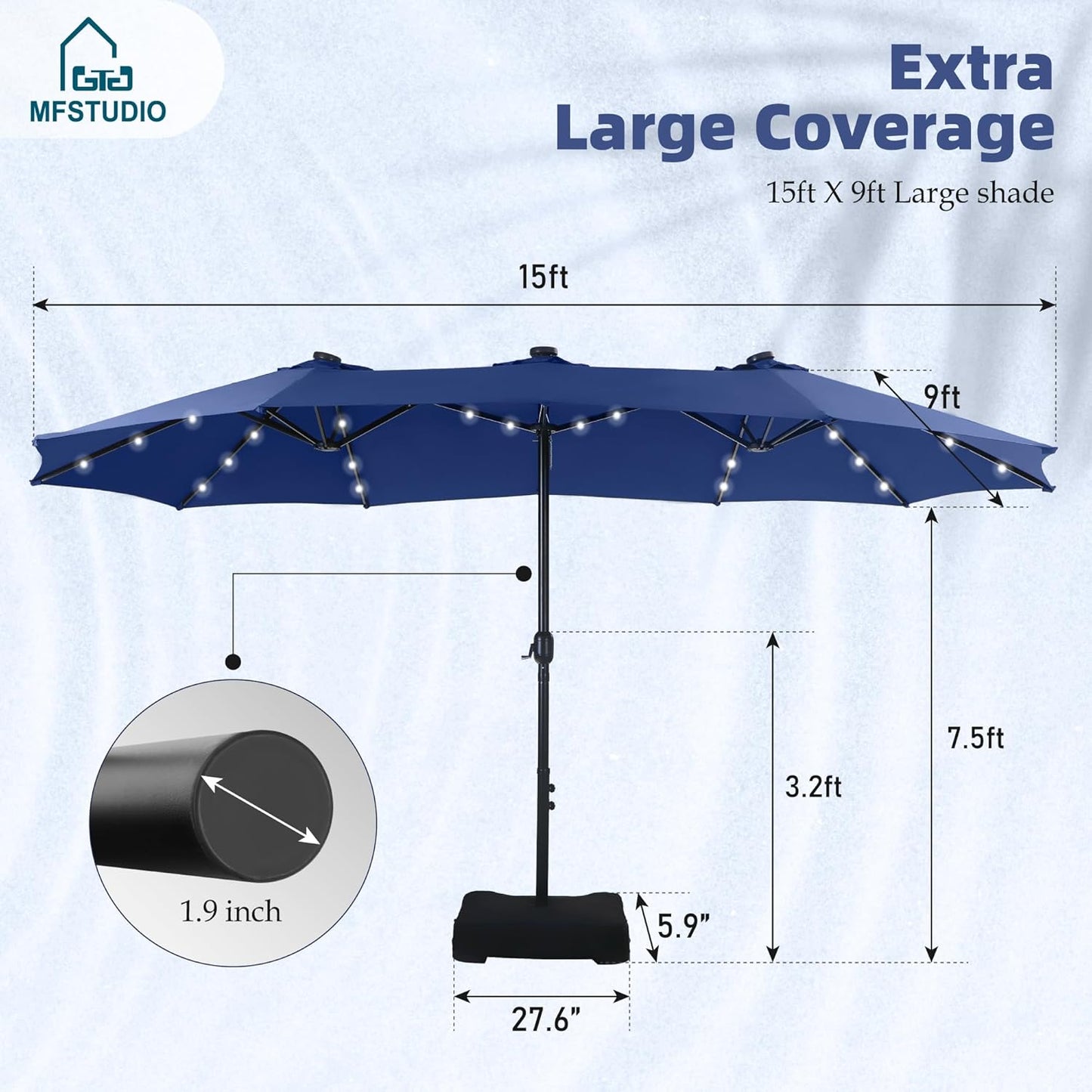 15ft Double Sided Patio Umbrella with Solar Lights, Outdoor Large Umbrellas with Crank Handle and 36 LED Lights, Rectangular Market Umbrella with Base Included for Deck Pool Shade