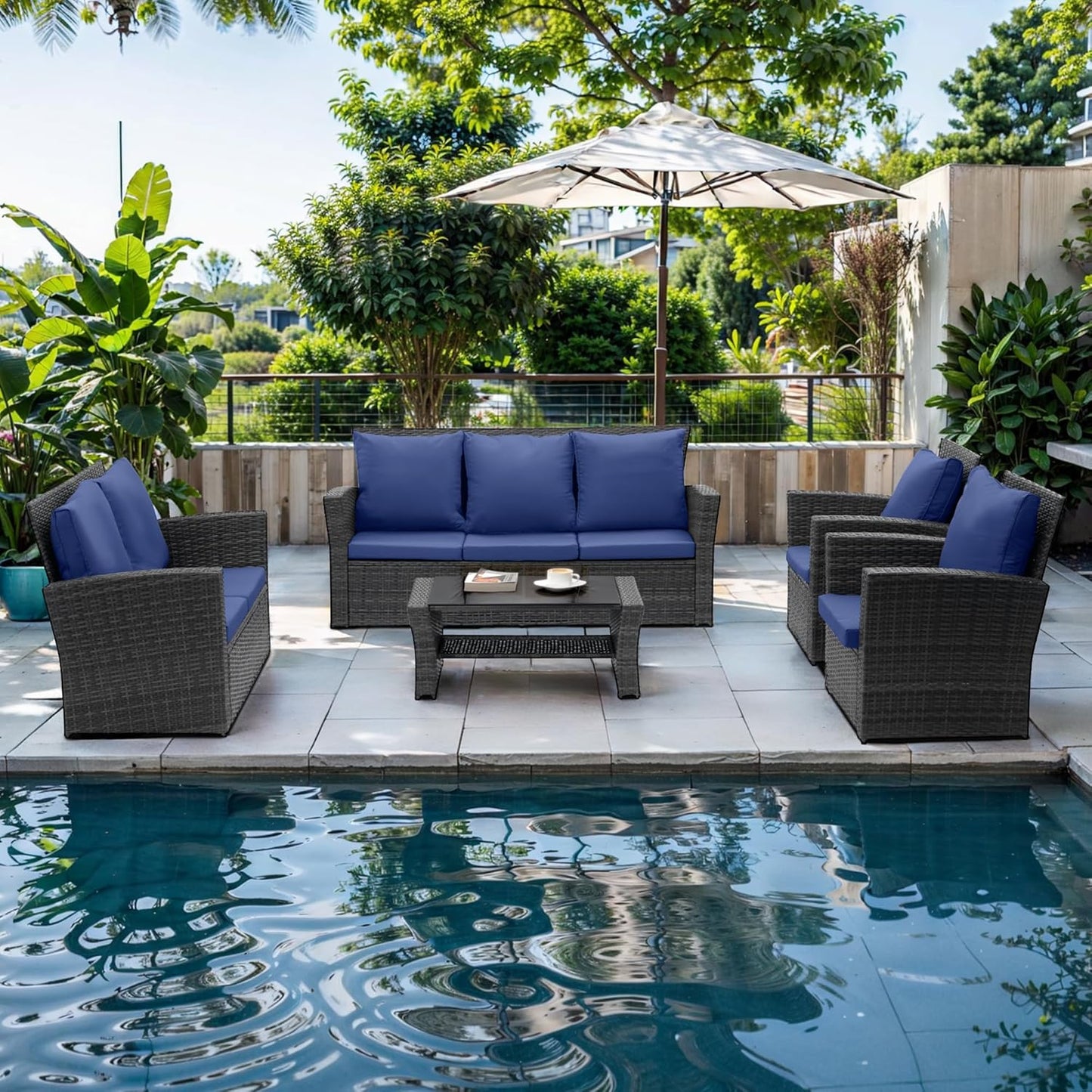 Wisteria Lane 4 Piece Outdoor Patio Furniture Sets, Wicker Conversation Set for Porch Deck, Grey Rattan Sofa Chair with Cushion (Blue