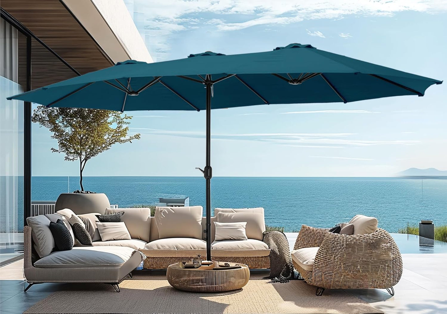 15ft Patio Umbrella Double-Sided Outdoor Market Extra Large Umbrella with Crank, Umbrella Base Included (Dark Red)