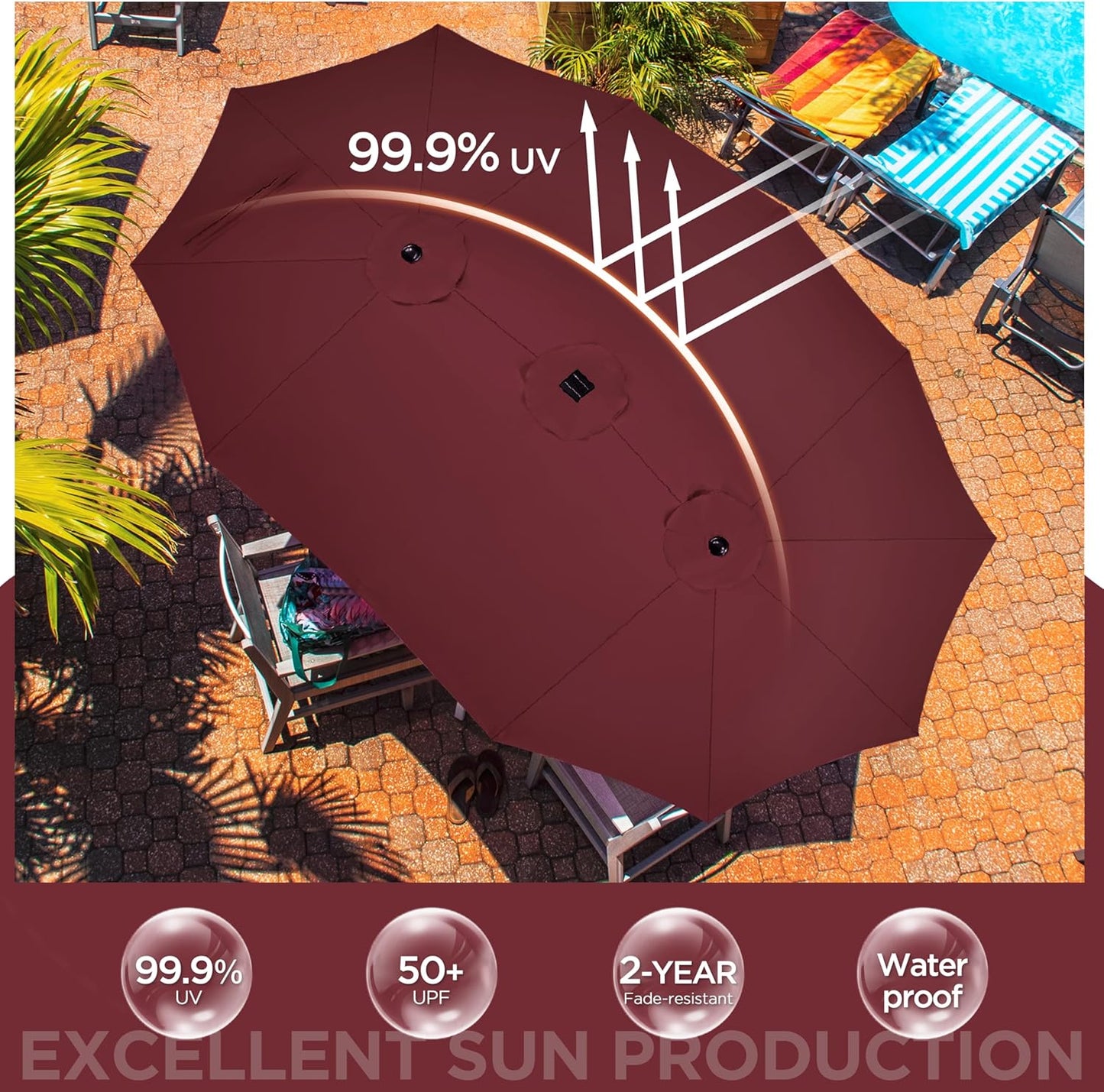 15 ft Large Patio Umbrella with Solar Lights Double-Sided Outdoor Rectangle Market Umbrellas with 36 LED Lights/Base Included/Easy Crank for Patio Garden Yard Pool Lawn, Brown