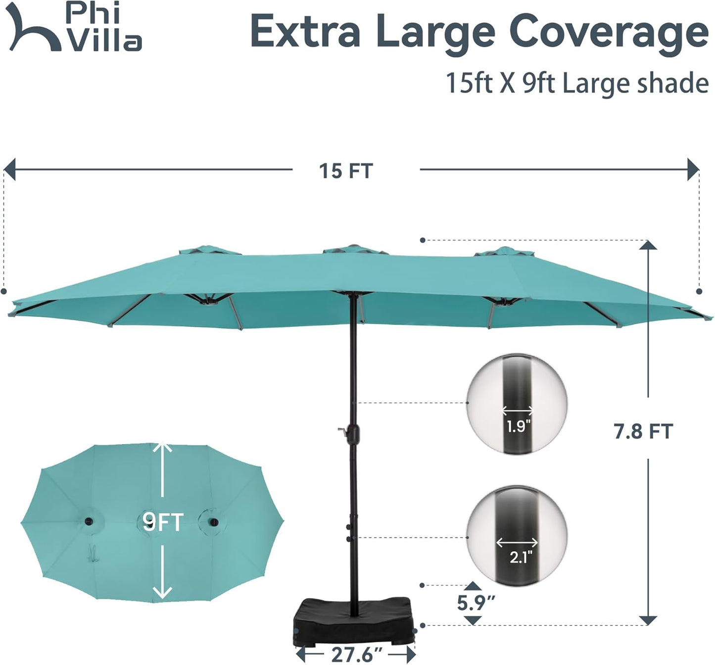 15ft Patio Umbrella Double-Sided Outdoor Market Extra Large Umbrella with Crank, Umbrella Base Included (Dark Red)