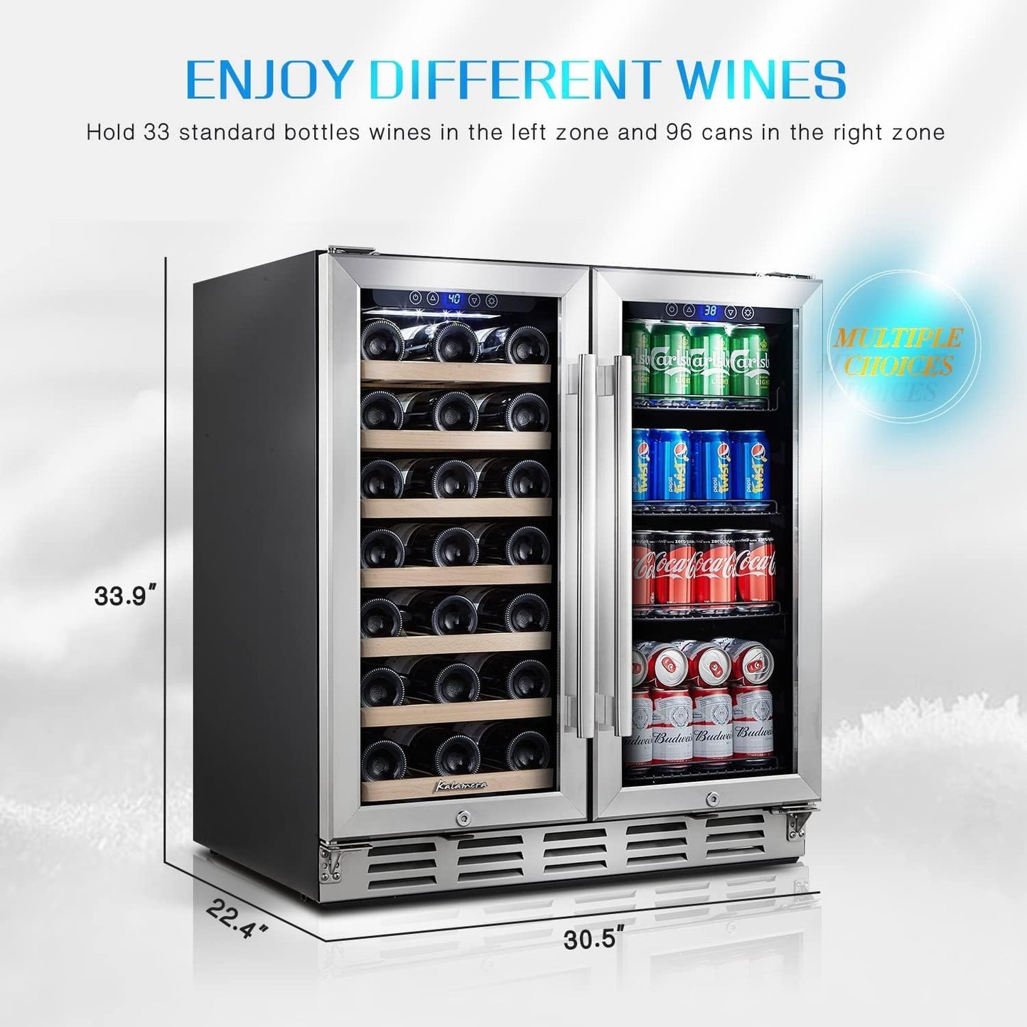 24 inch Wine Cooler, 46 Bottle - Dual Zone Built-in or Freestanding Fridge with Stainless Steel Reversible Glass Door, for Home, Kitchen, or Office.