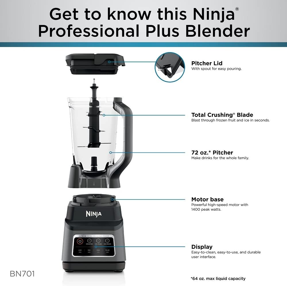 BN801 Professional Plus Kitchen System, 1400 WP, 5 Functions for Smoothies, Chopping, Dough & More with Auto IQ, 72-oz.* Blender Pitcher, 64-oz. Processor Bowl, (2) 24-oz. To-Go Cups, Grey