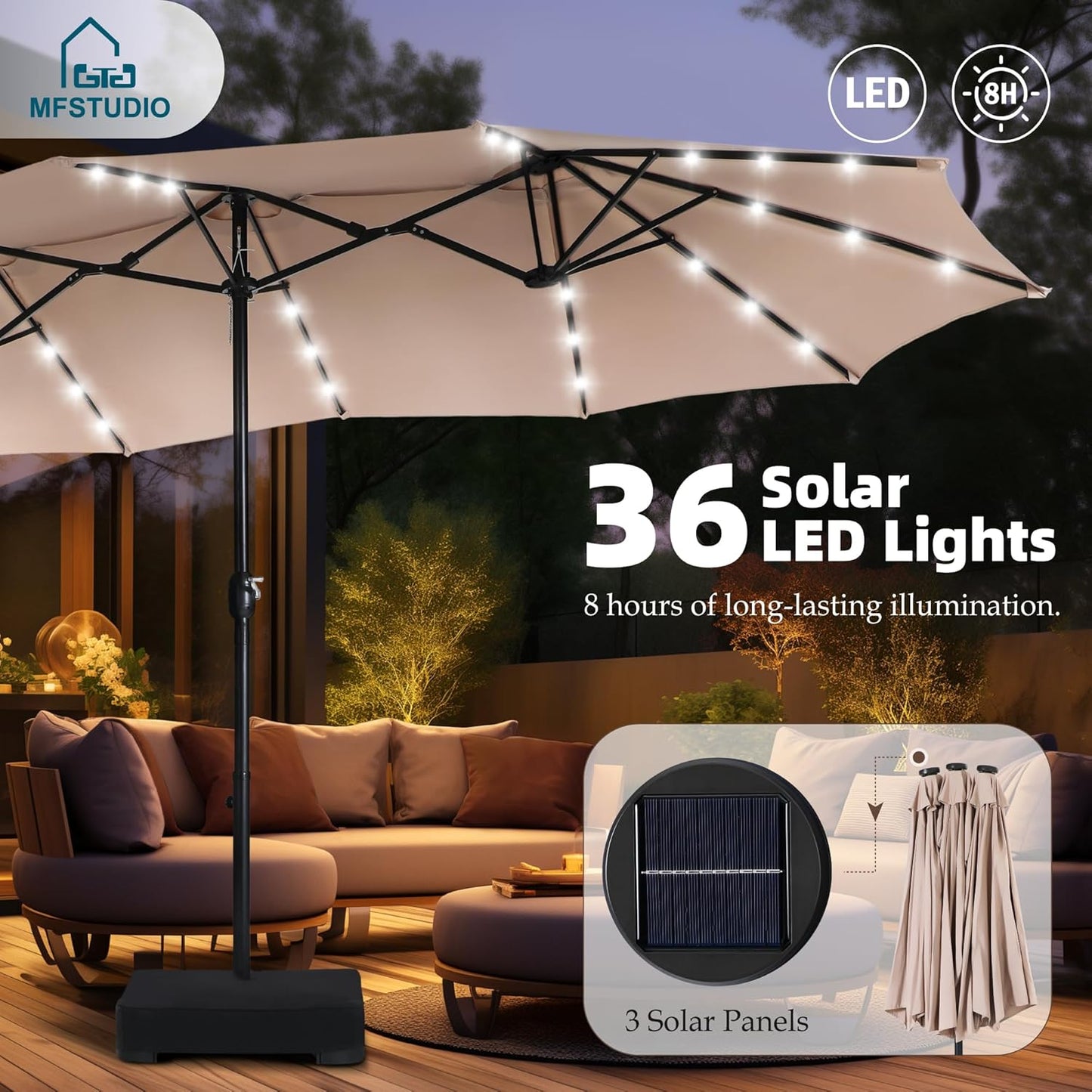 15ft Double Sided Patio Umbrella with Solar Lights, Outdoor Large Umbrellas with Crank Handle and 36 LED Lights, Rectangular Market Umbrella with Base Included for Deck Pool Shade