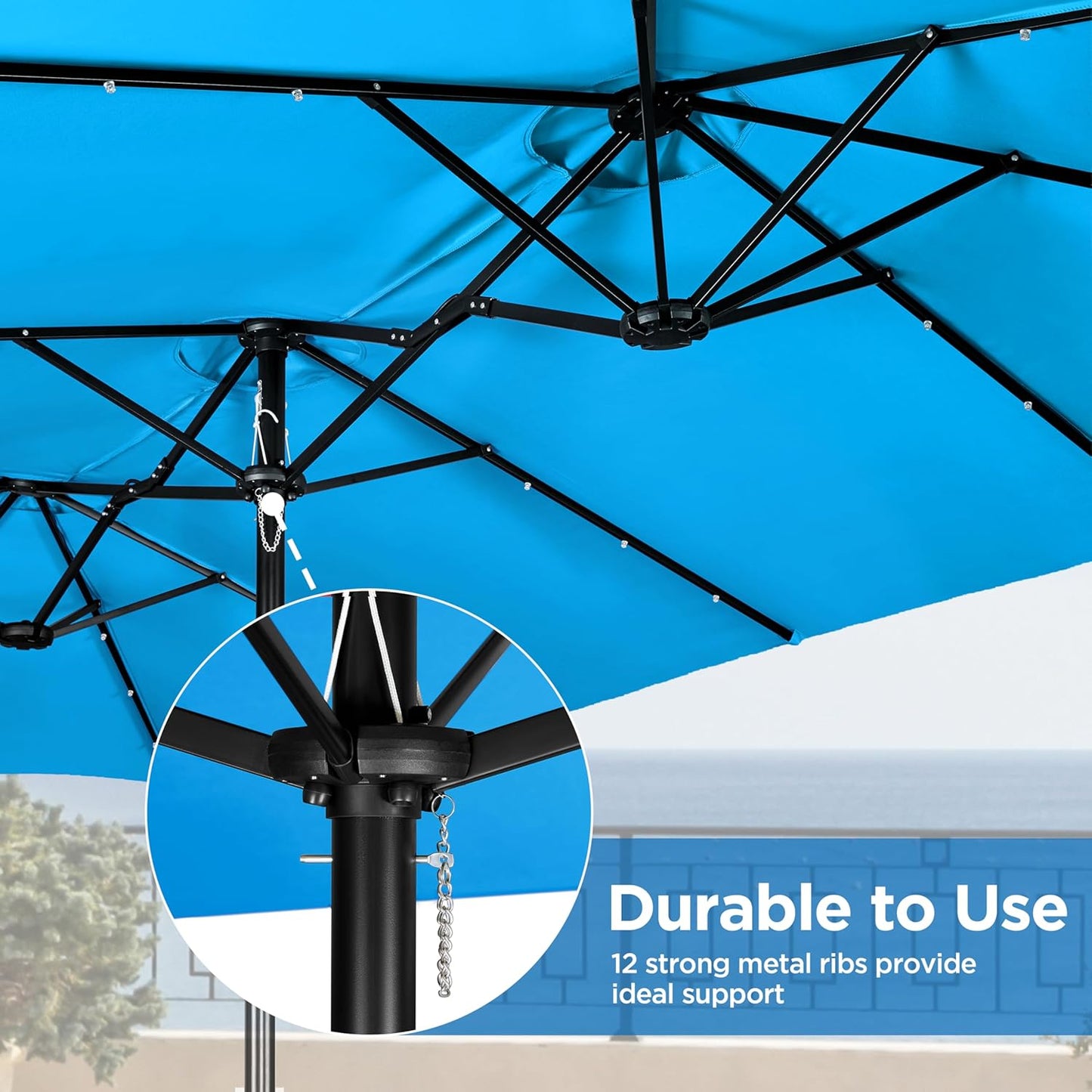 15 ft Large Patio Umbrella with Solar Lights Double-Sided Outdoor Rectangle Market Umbrellas with 36 LED Lights/Base Included/Easy Crank for Patio Garden Yard Pool Lawn, Brown