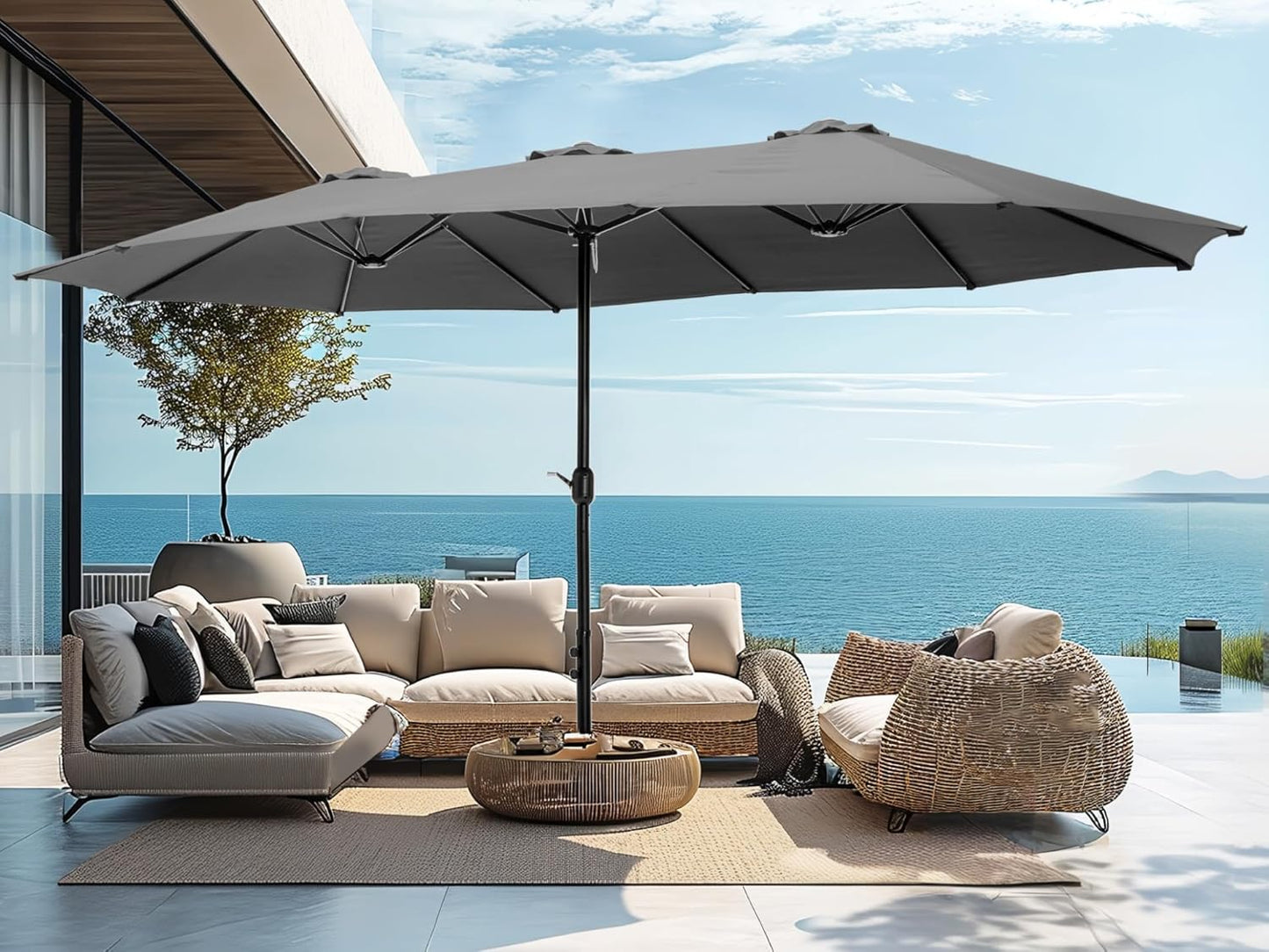 15ft Patio Umbrella Double-Sided Outdoor Market Extra Large Umbrella with Crank, Umbrella Base Included (Dark Red)