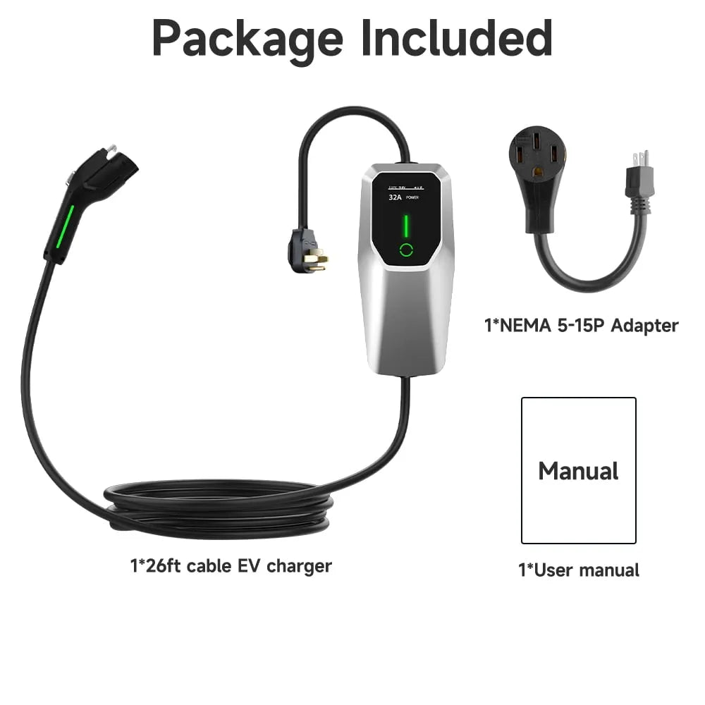 32 Amp Level 1&2 Portable EV Charger ,26FT Cable NEMA 14-50 Plug for Electric Car Home Charging Station 7.68KW