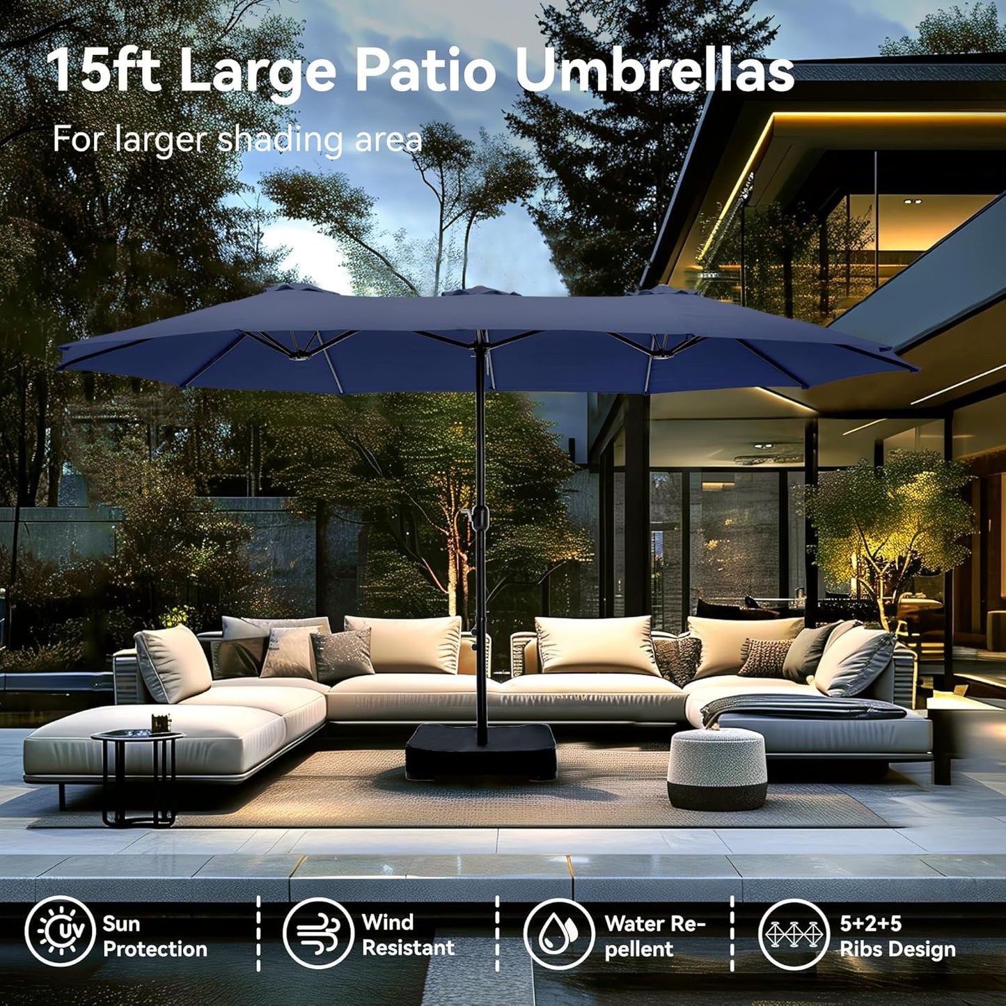 15ft Patio Umbrella Double-Sided Outdoor Market Extra Large Umbrella with Crank, Umbrella Base Included (Dark Red)