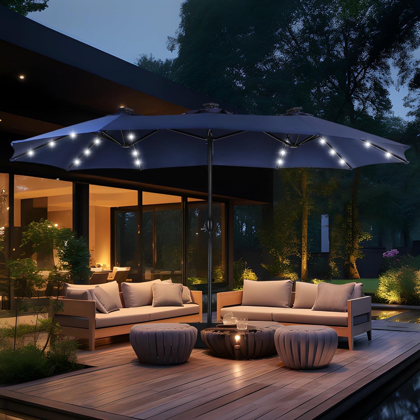 15ft Double Sided Patio Umbrella with Solar Lights, Outdoor Large Umbrellas with Crank Handle and 36 LED Lights, Rectangular Market Umbrella with Base Included for Deck Pool Shade